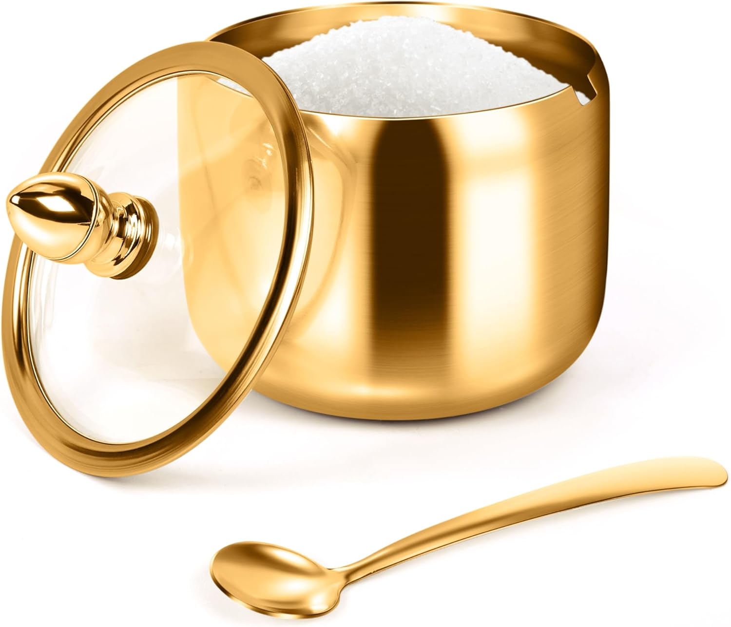 Gold Sugar Bowls with Glass Lids and Spoons 10 oz Set for Coffee Bar Kitchen Storage of Salt Candy Coffee Beans - Image 1