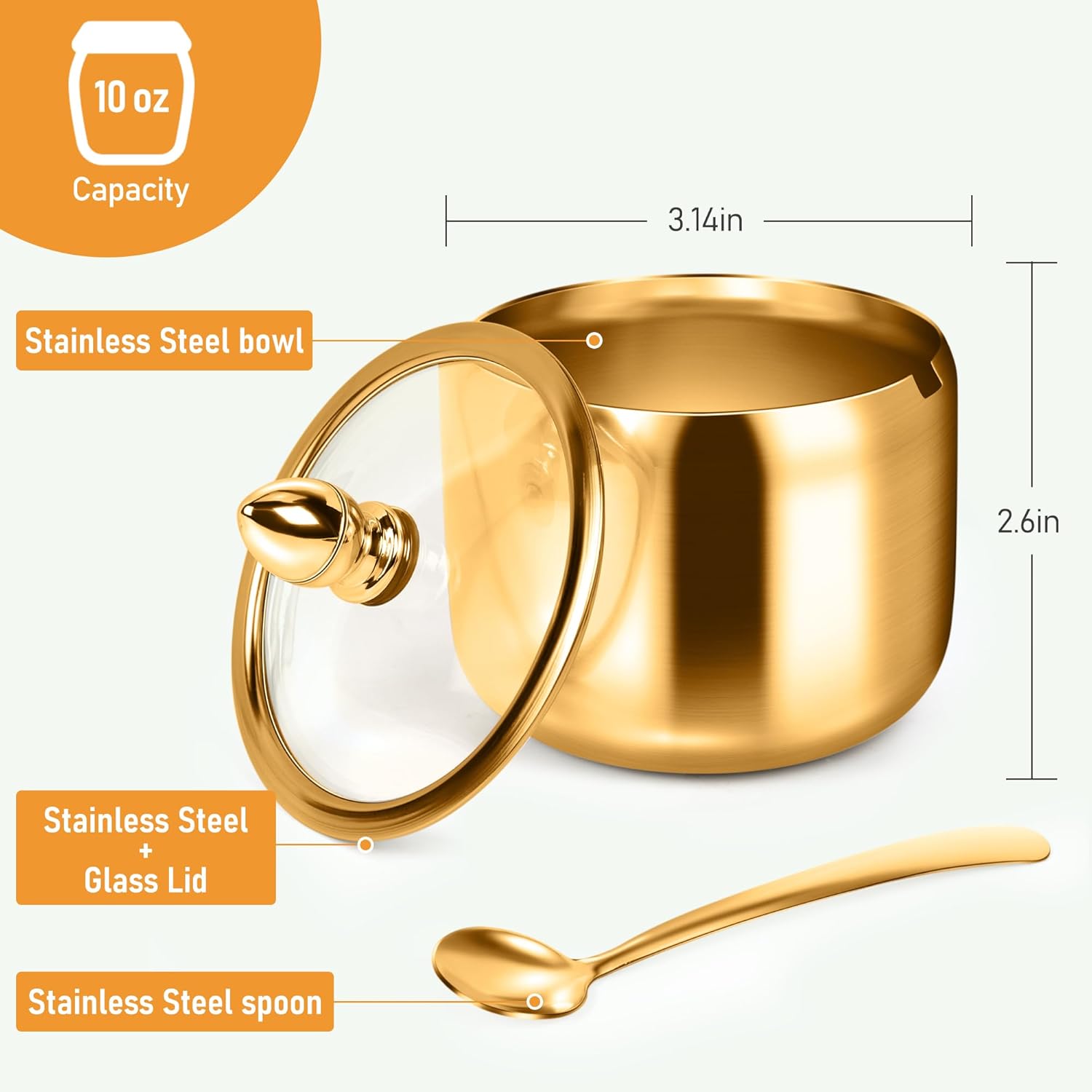 Gold Sugar Bowls with Glass Lids and Spoons 10 oz Set for Coffee Bar Kitchen Storage of Salt Candy Coffee Beans - Image 3