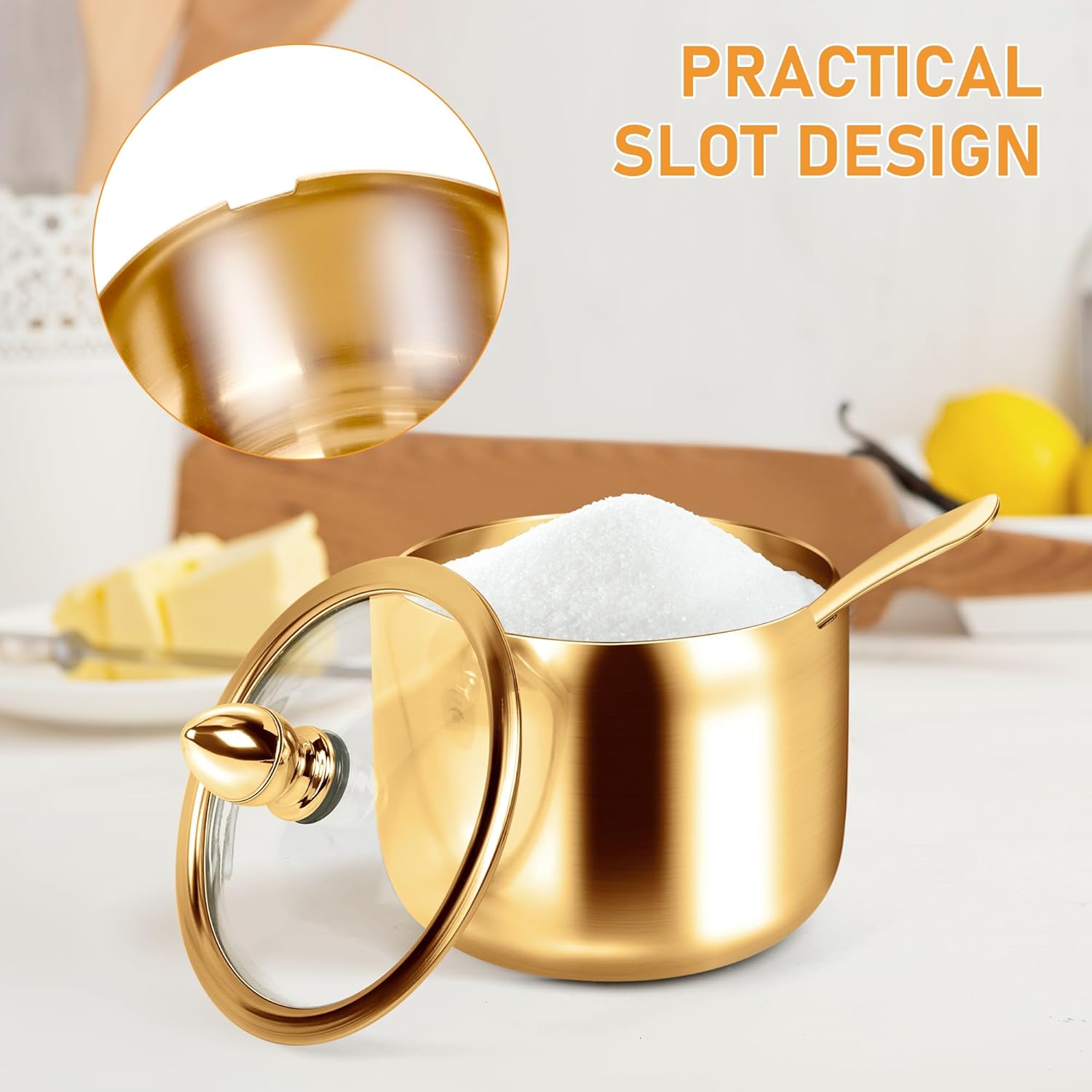 Gold Sugar Bowls with Glass Lids and Spoons 10 oz Set for Coffee Bar Kitchen Storage of Salt Candy Coffee Beans - Image 5