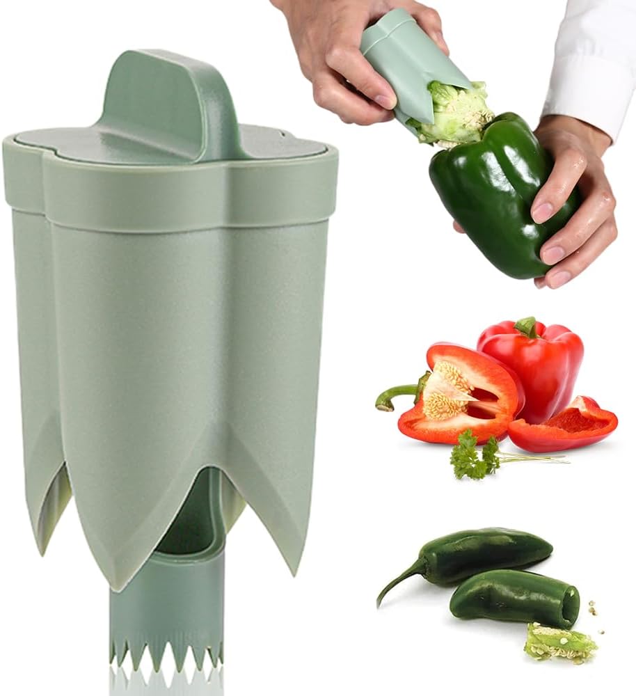 2-in-1 Green Capsicum Slicer and Seed Remover Tool - Fast Vegetable Seed Extractor Kitchen Gadget for Paprika - Image 1