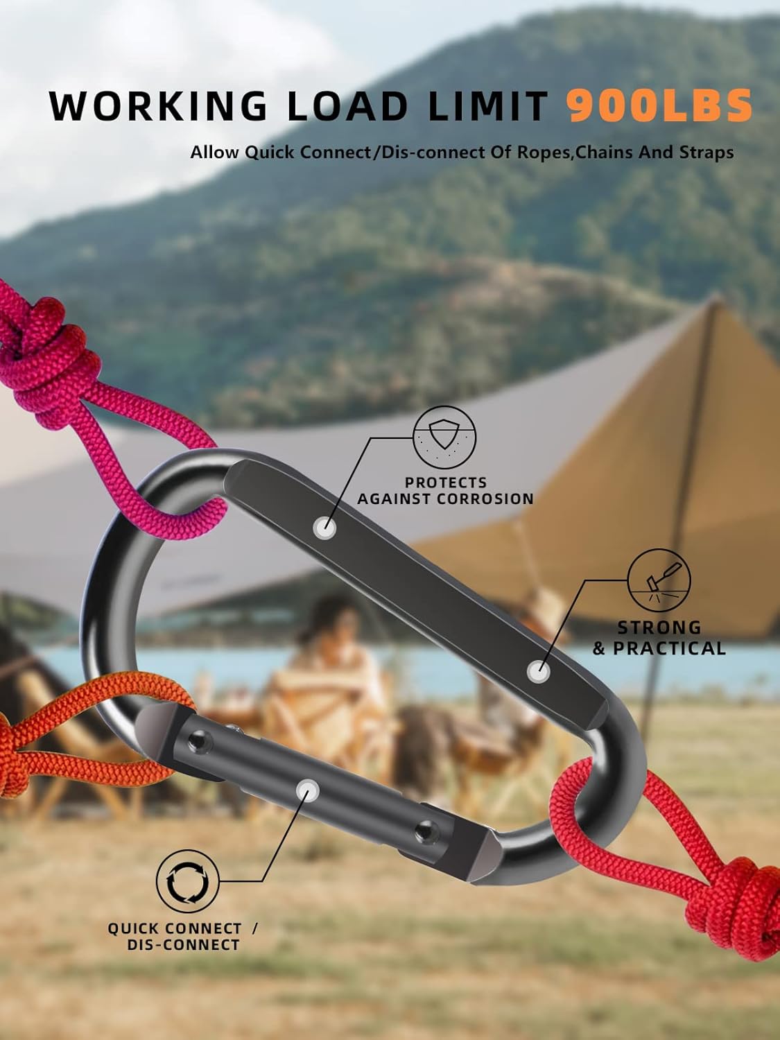 2 Pack Aluminum Black D-Shaped Carabiner 8cm - Camping Outdoor Keychain Clip for Backpack Keys - Image 3