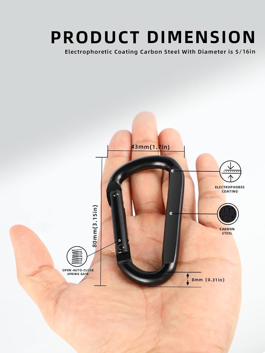 2 Pack Aluminum Black D-Shaped Carabiner 8cm - Camping Outdoor Keychain Clip for Backpack Keys - Image 4