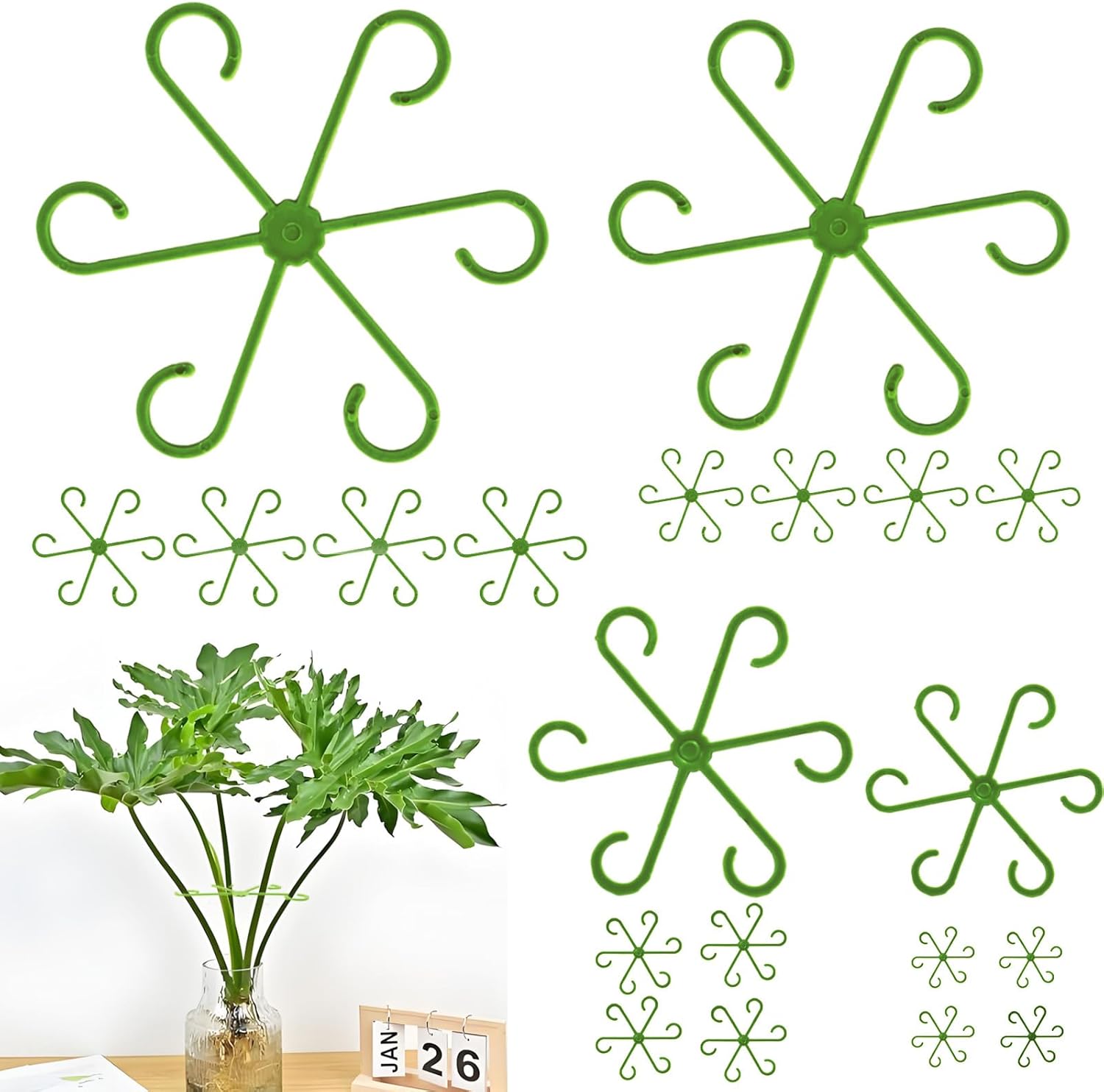 16 Pack Indoor Plant Stakes 4 Sizes 4 of Each Size Green Plant Supports for Tall Plants Monstera Plant Anchors Plant Fixing Hooks Suitable for Indoor Gardens - Image 1