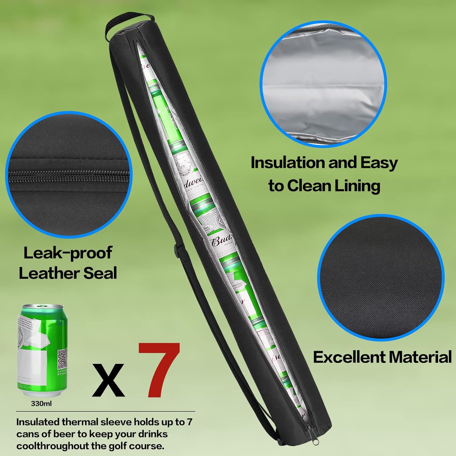 Universal Body Type Black Beer Can Warmer Sleeve for 7 Cans Golf Ball and Bag Warmer - Image 3