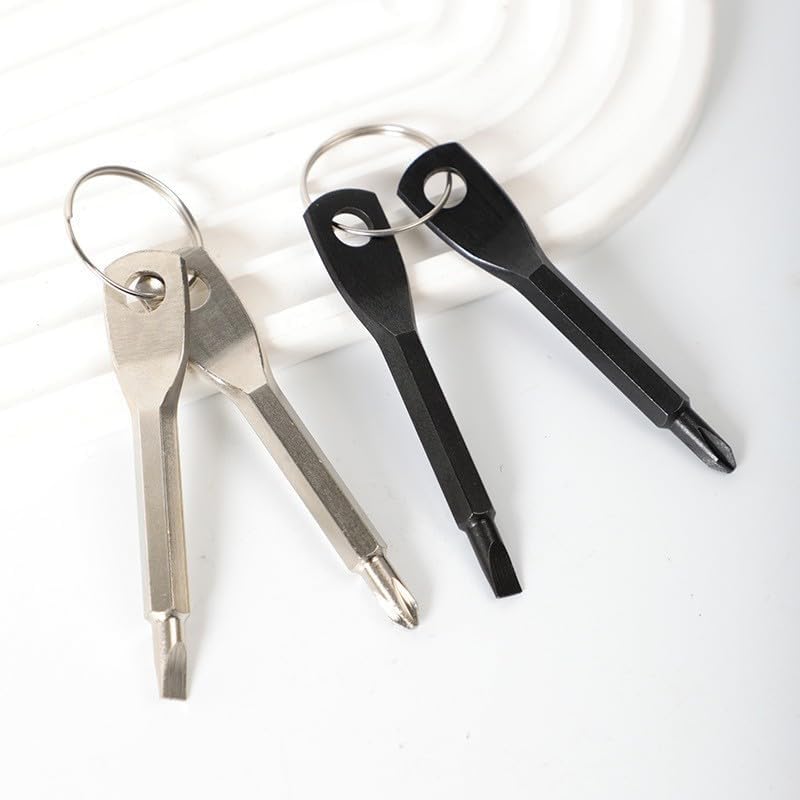 2-in-1 Keychain Screwdriver - Mini Double-Ended Flat & Cross Head - Stainless Steel - Pocket-Sized Tool - Silver - Image 6