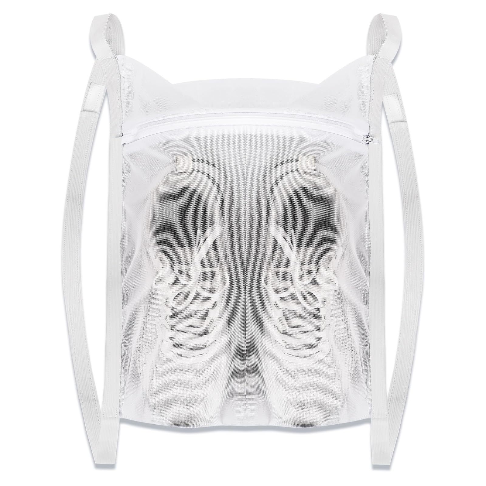 White Sports Shoe Washing and Drying Mesh Bag with Zipper and Straps - Durable Honeycomb Net Bag for Shoes Clothing Laundry - Reusable - Image 1