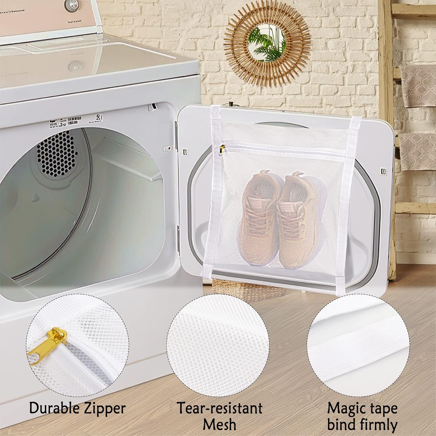 White Sports Shoe Washing and Drying Mesh Bag with Zipper and Straps - Durable Honeycomb Net Bag for Shoes Clothing Laundry - Reusable - Image 3