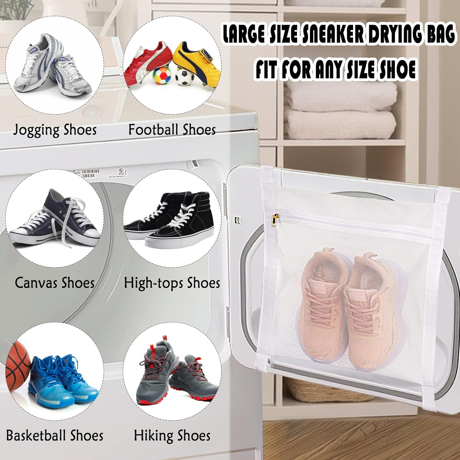 White Sports Shoe Washing and Drying Mesh Bag with Zipper and Straps - Durable Honeycomb Net Bag for Shoes Clothing Laundry - Reusable - Image 4