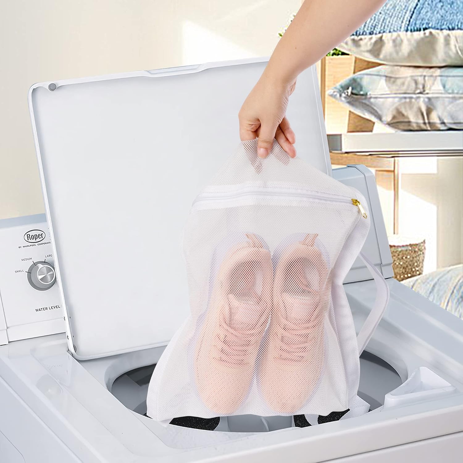 White Sports Shoe Washing and Drying Mesh Bag with Zipper and Straps - Durable Honeycomb Net Bag for Shoes Clothing Laundry - Reusable - Image 7