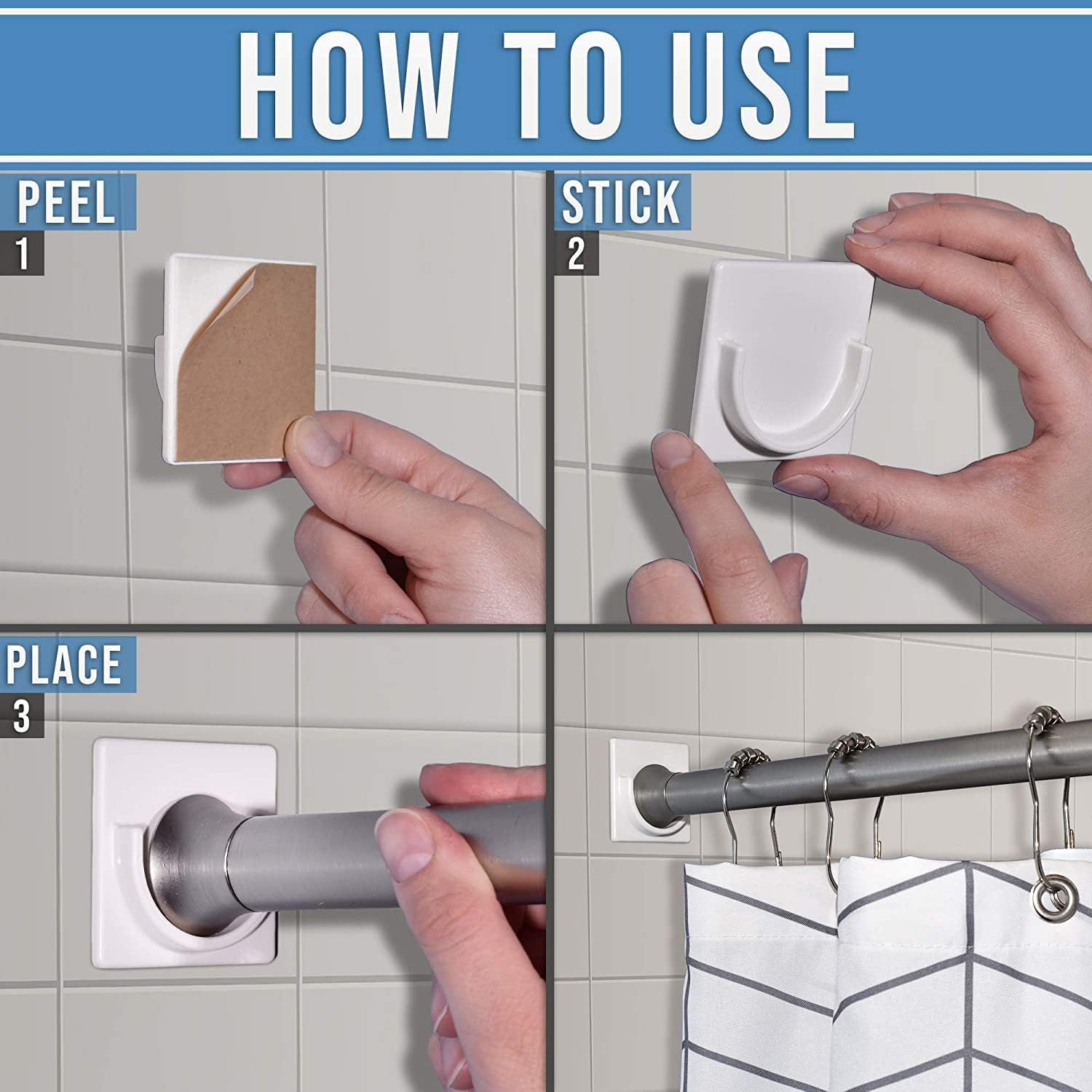 2 Pack White No Drill Shower Curtain Rod Holder Self Adhesive Wall Mounted Bracket - Image 2