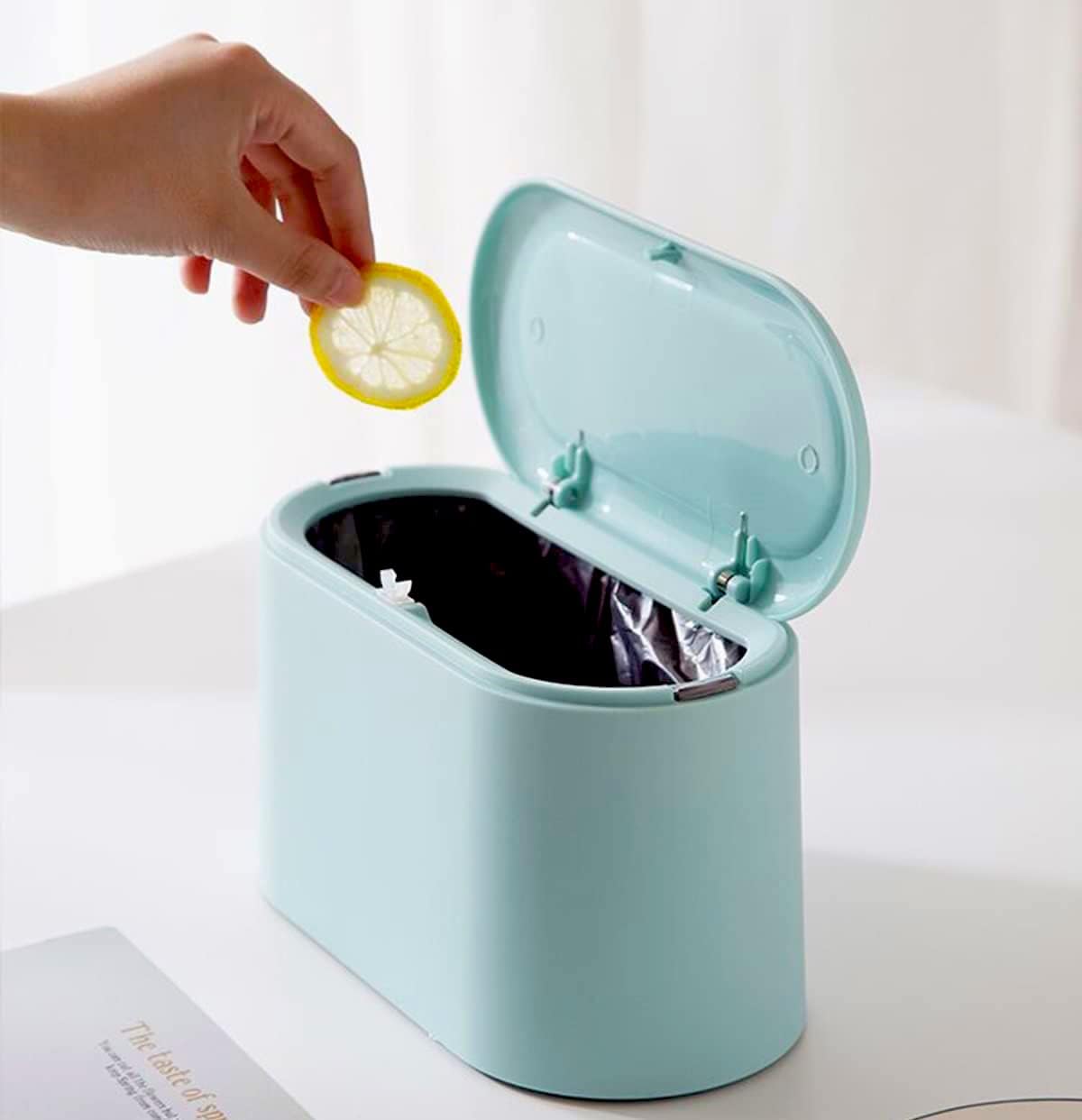 Mini Waste Bin with Lid - Blue - Small Plastic Trash Can for Bathroom Desk Kitchen Office - Removable Compact Rubbish Bin for Countertop Vanity Tabletop - Image 1