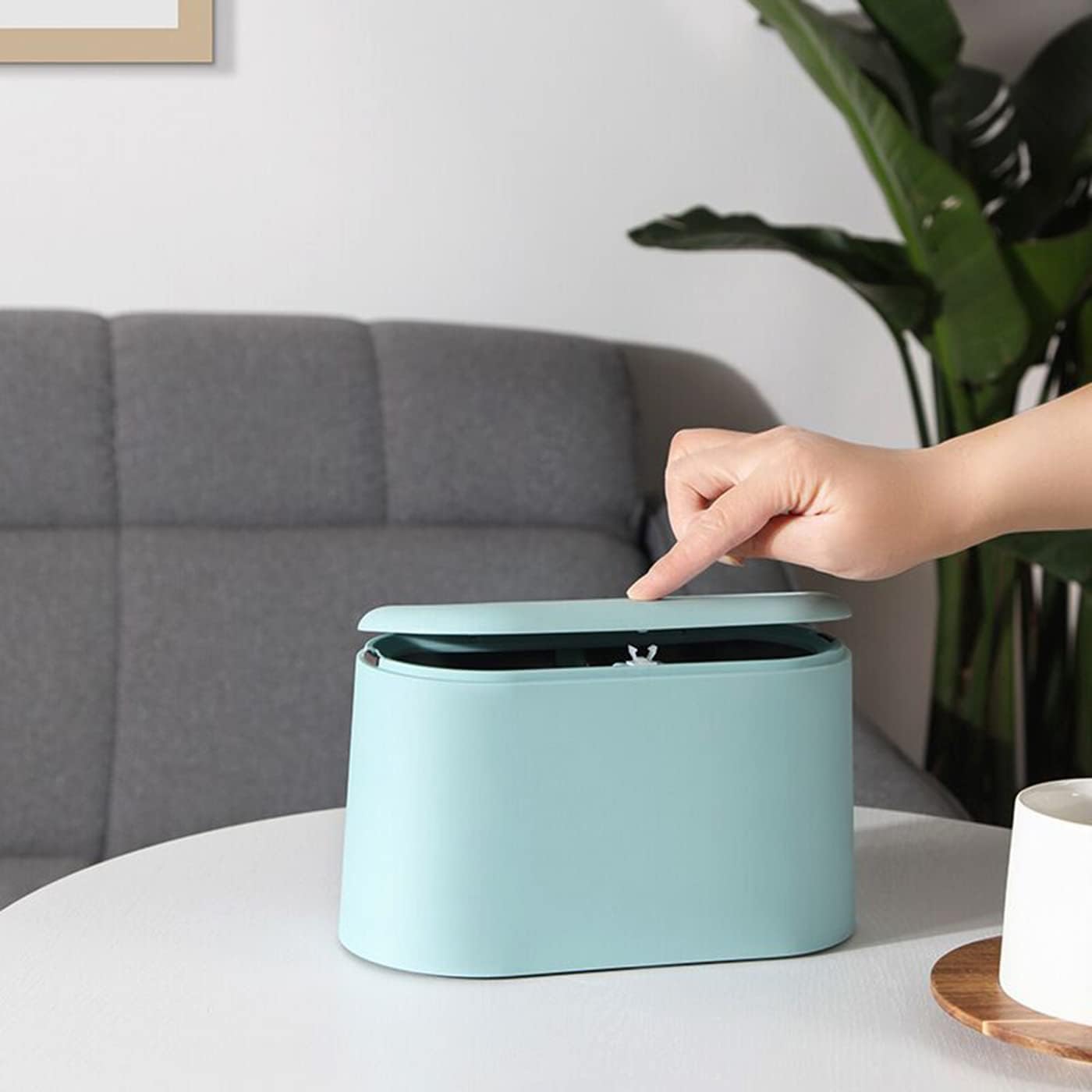 Mini Waste Bin with Lid - Blue - Small Plastic Trash Can for Bathroom Desk Kitchen Office - Removable Compact Rubbish Bin for Countertop Vanity Tabletop - Image 2