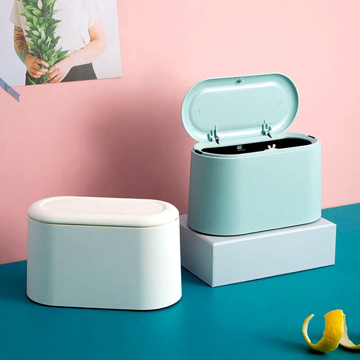 Mini Waste Bin with Lid - Blue - Small Plastic Trash Can for Bathroom Desk Kitchen Office - Removable Compact Rubbish Bin for Countertop Vanity Tabletop - Image 6