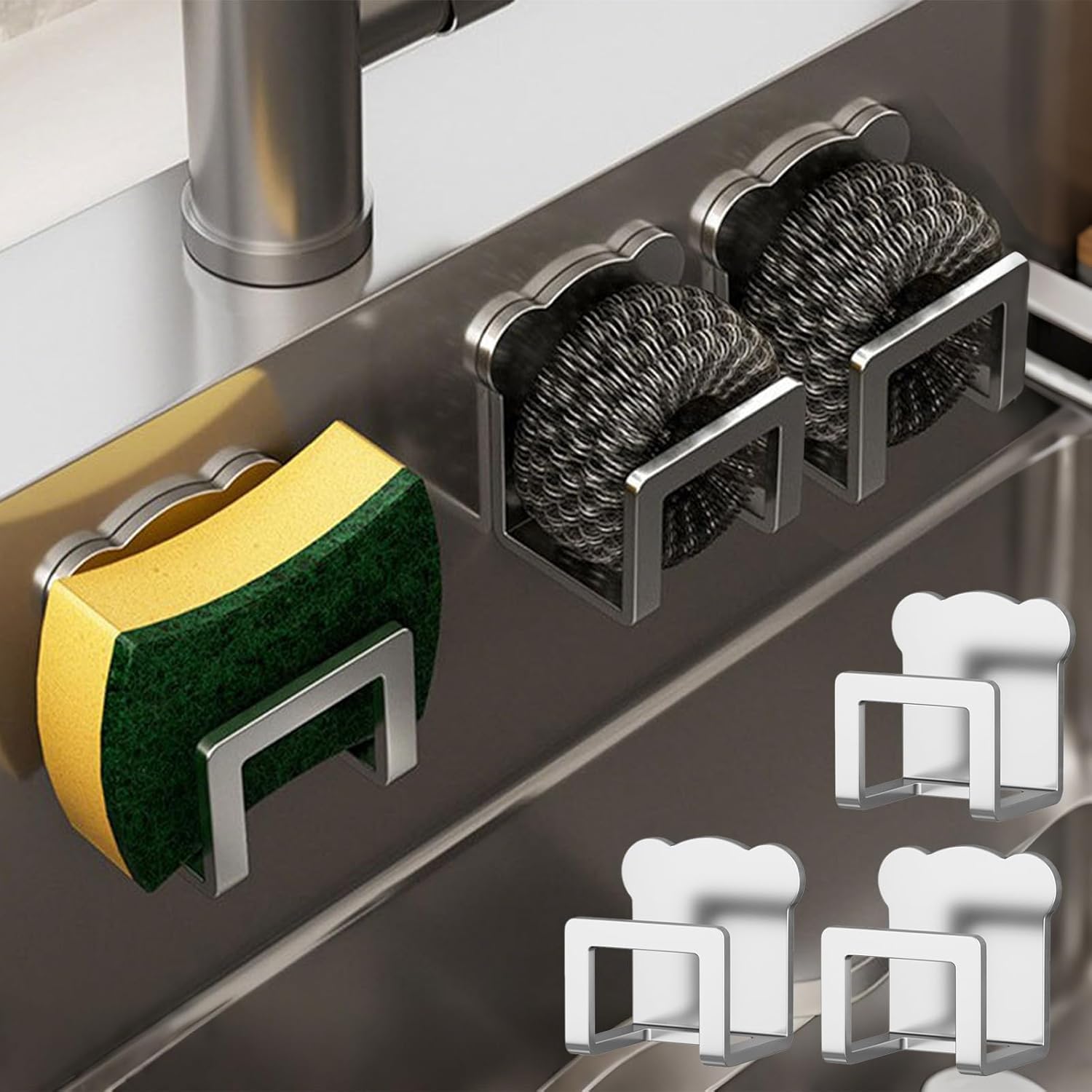 3-Piece Kitchen Sink Organizer Rack Self-Adhesive Stainless Steel Hanging Hooks for Dish Towels Accessories No Drilling Required - Image 5