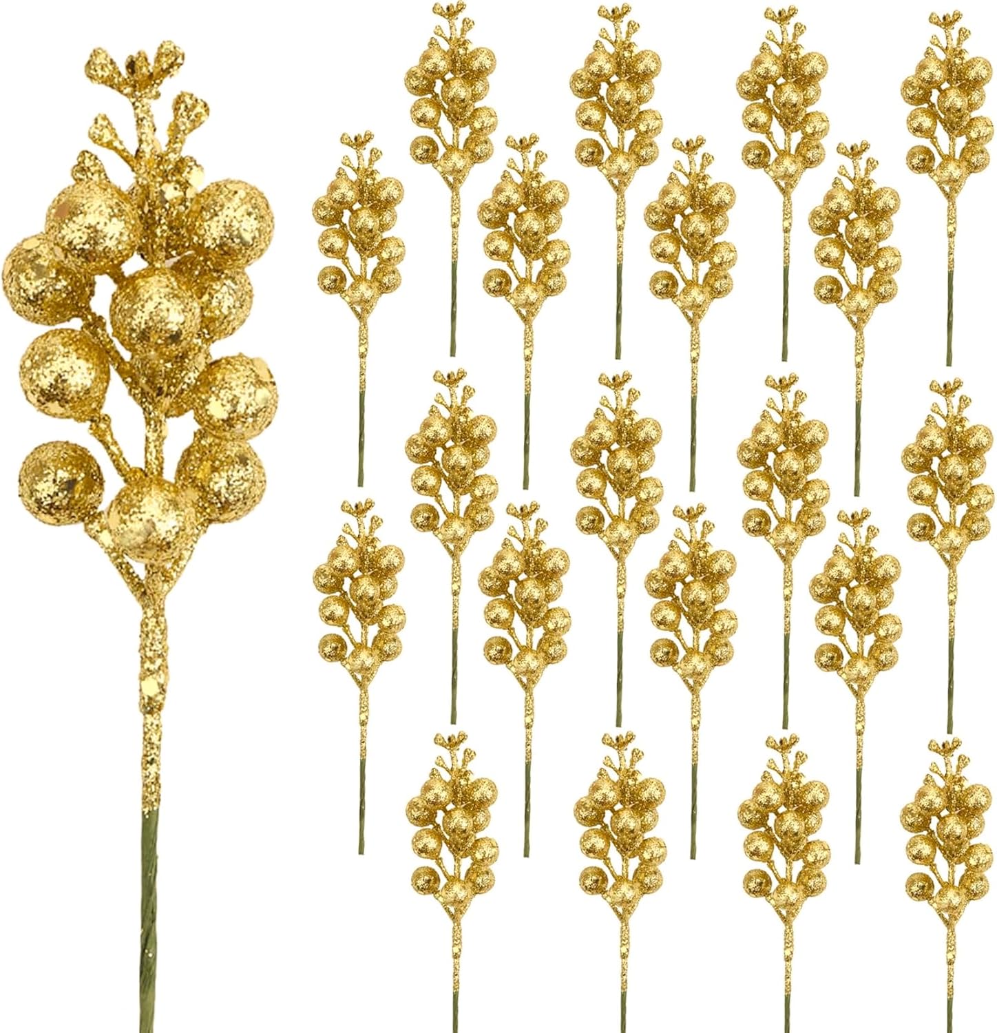 20 Gold Glitter Berry Ornaments Christmas Tree Decorations Artificial Xmas Tree Filler DIY Wreath Festive Home Decor - Image 1
