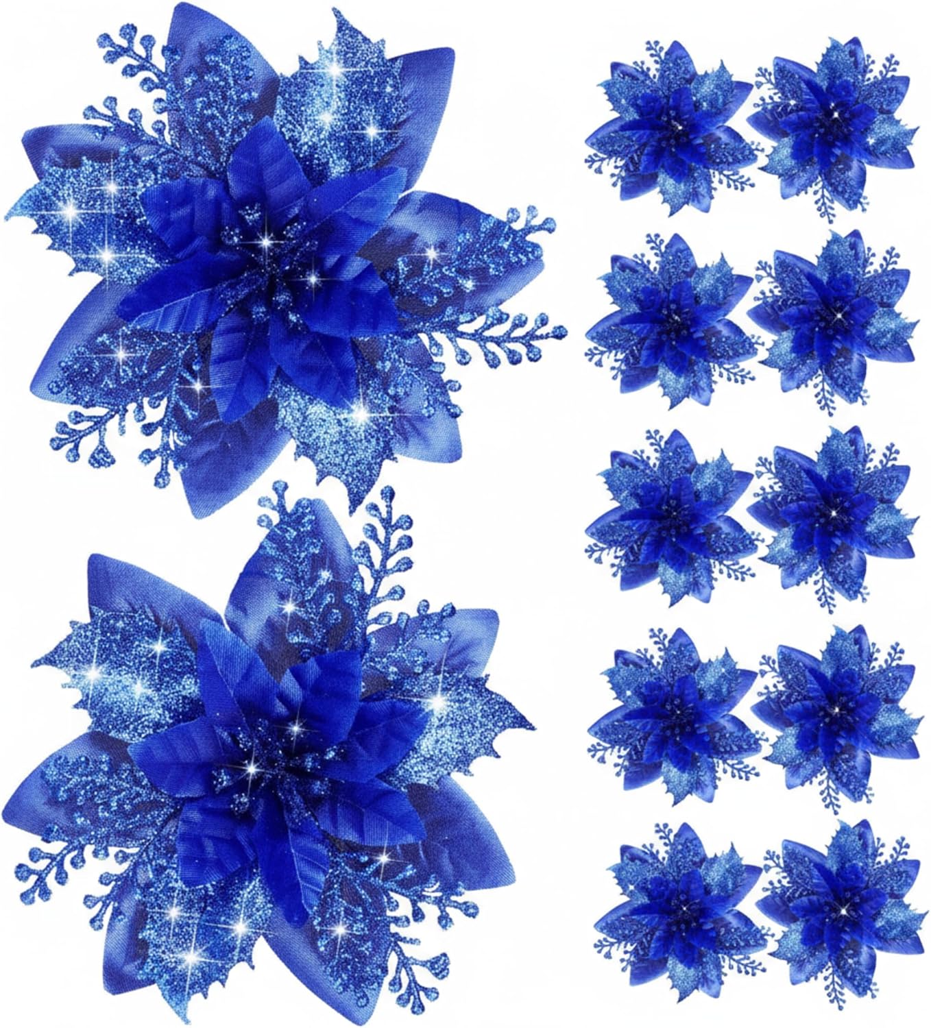 12 Piece Royal Blue Christmas Decorations Set with Glitter Artificial Flowers Clips for Tree Wreaths Home Festive Ornaments - Image 1