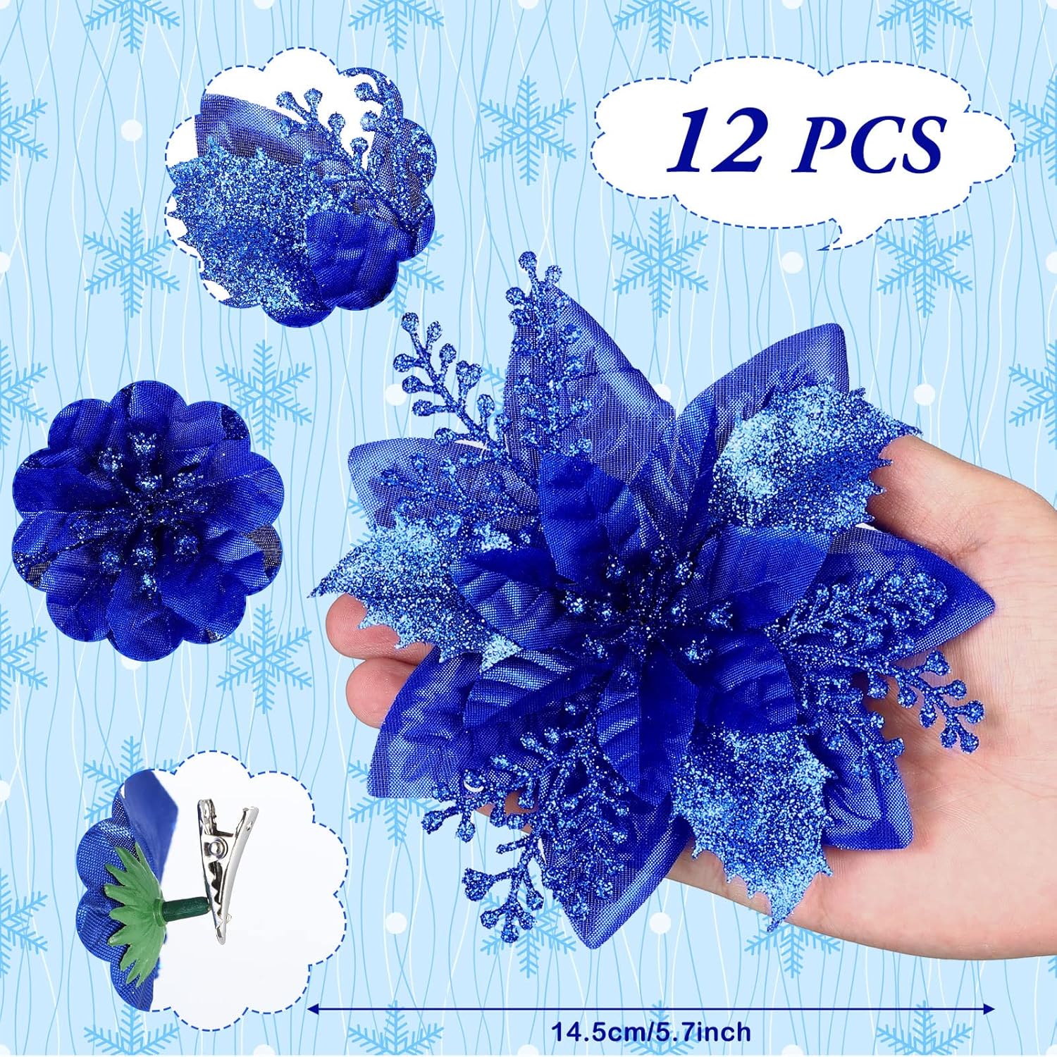 12 Piece Royal Blue Christmas Decorations Set with Glitter Artificial Flowers Clips for Tree Wreaths Home Festive Ornaments - Image 3