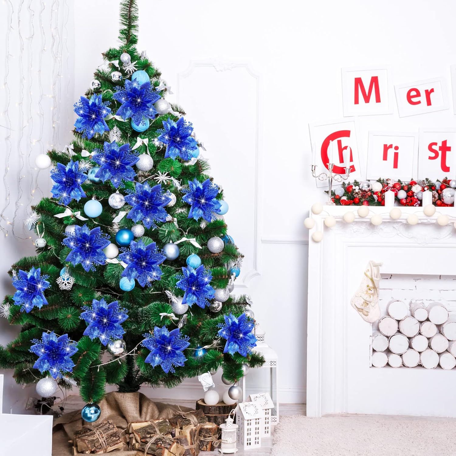 12 Piece Royal Blue Christmas Decorations Set with Glitter Artificial Flowers Clips for Tree Wreaths Home Festive Ornaments - Image 4