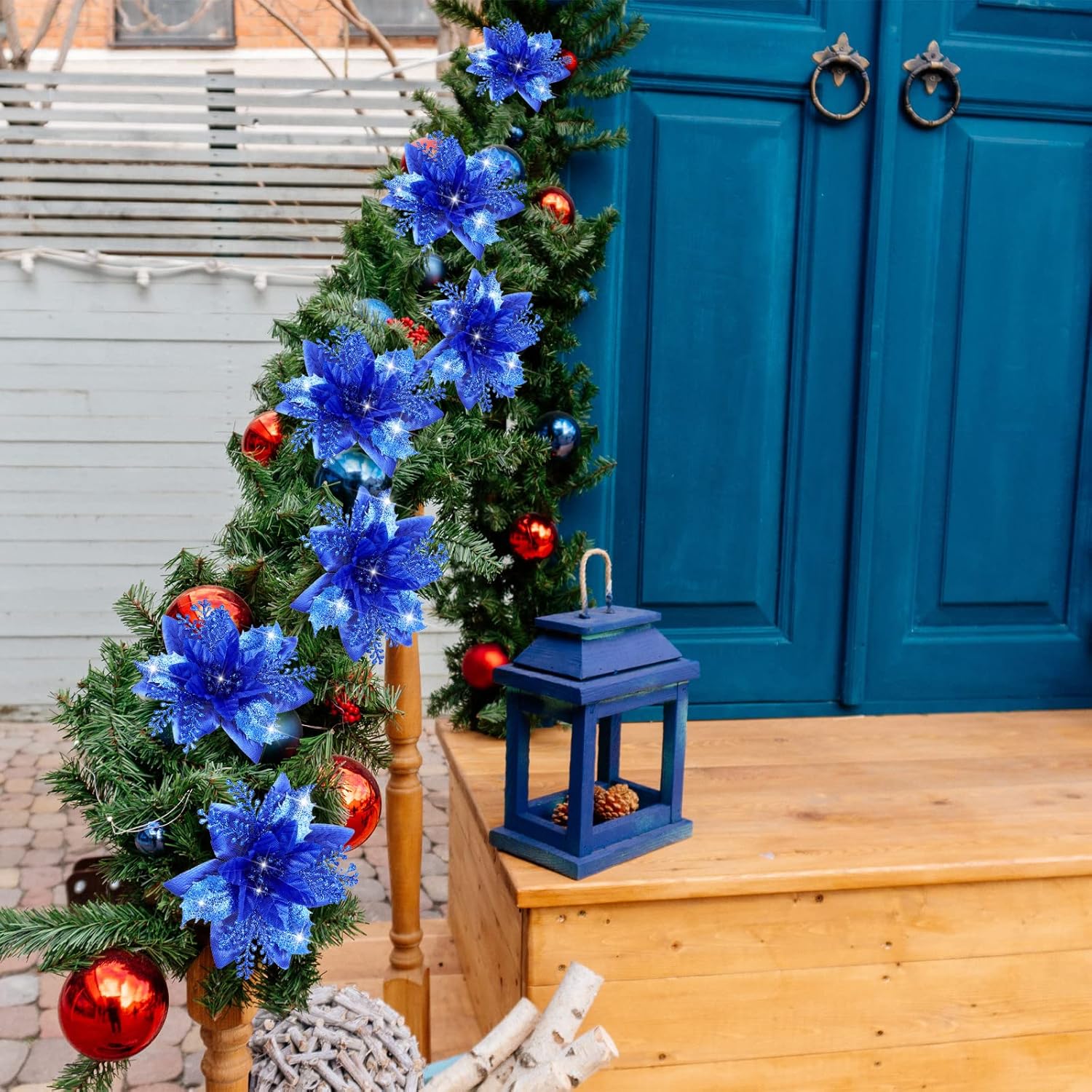12 Piece Royal Blue Christmas Decorations Set with Glitter Artificial Flowers Clips for Tree Wreaths Home Festive Ornaments - Image 5
