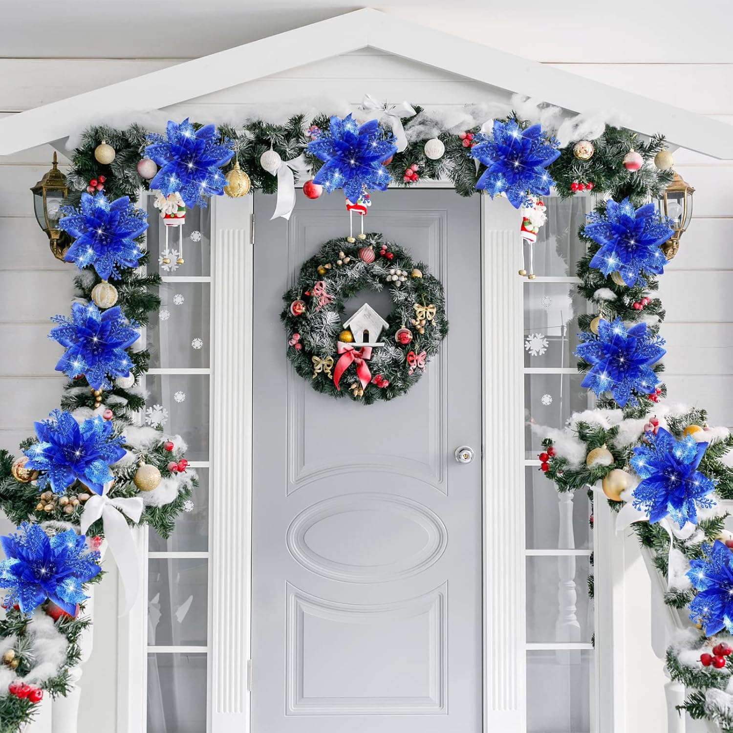 12 Piece Royal Blue Christmas Decorations Set with Glitter Artificial Flowers Clips for Tree Wreaths Home Festive Ornaments - Image 6