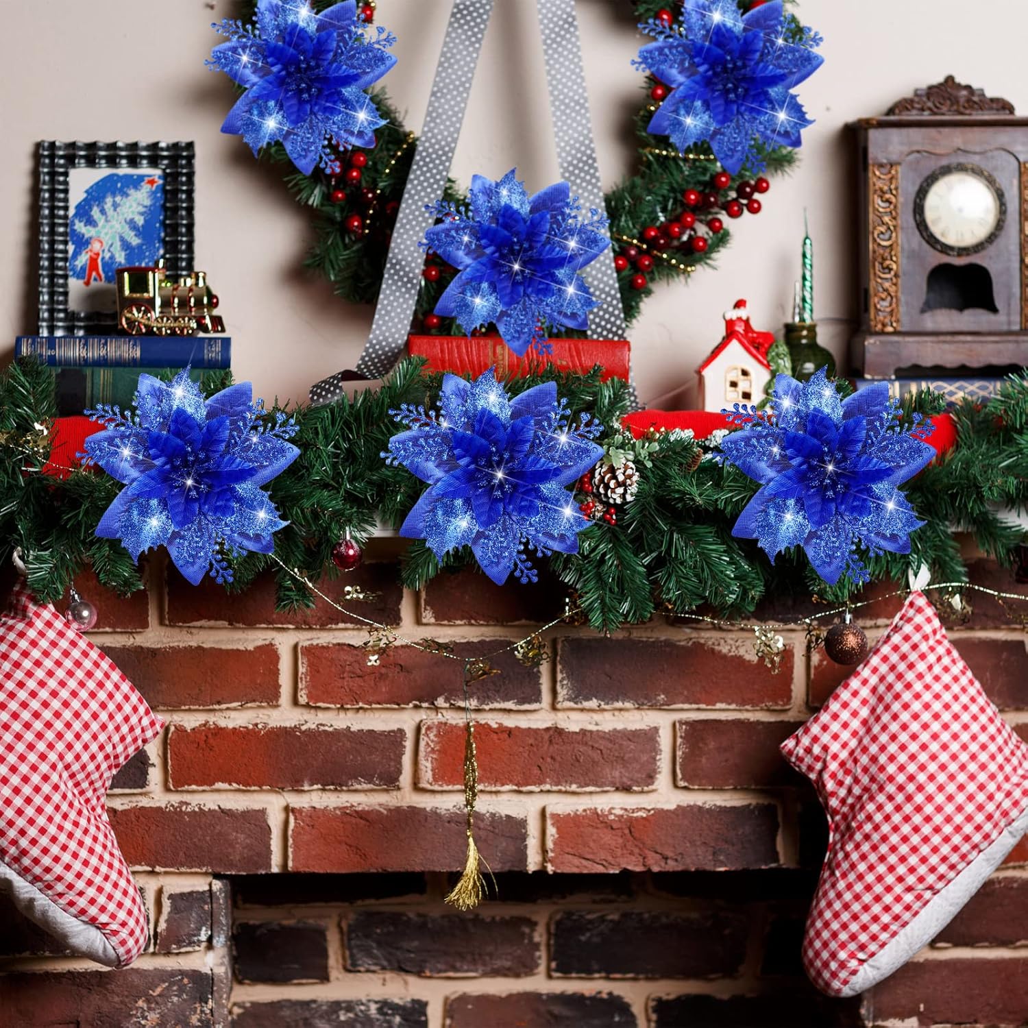 12 Piece Royal Blue Christmas Decorations Set with Glitter Artificial Flowers Clips for Tree Wreaths Home Festive Ornaments - Image 7
