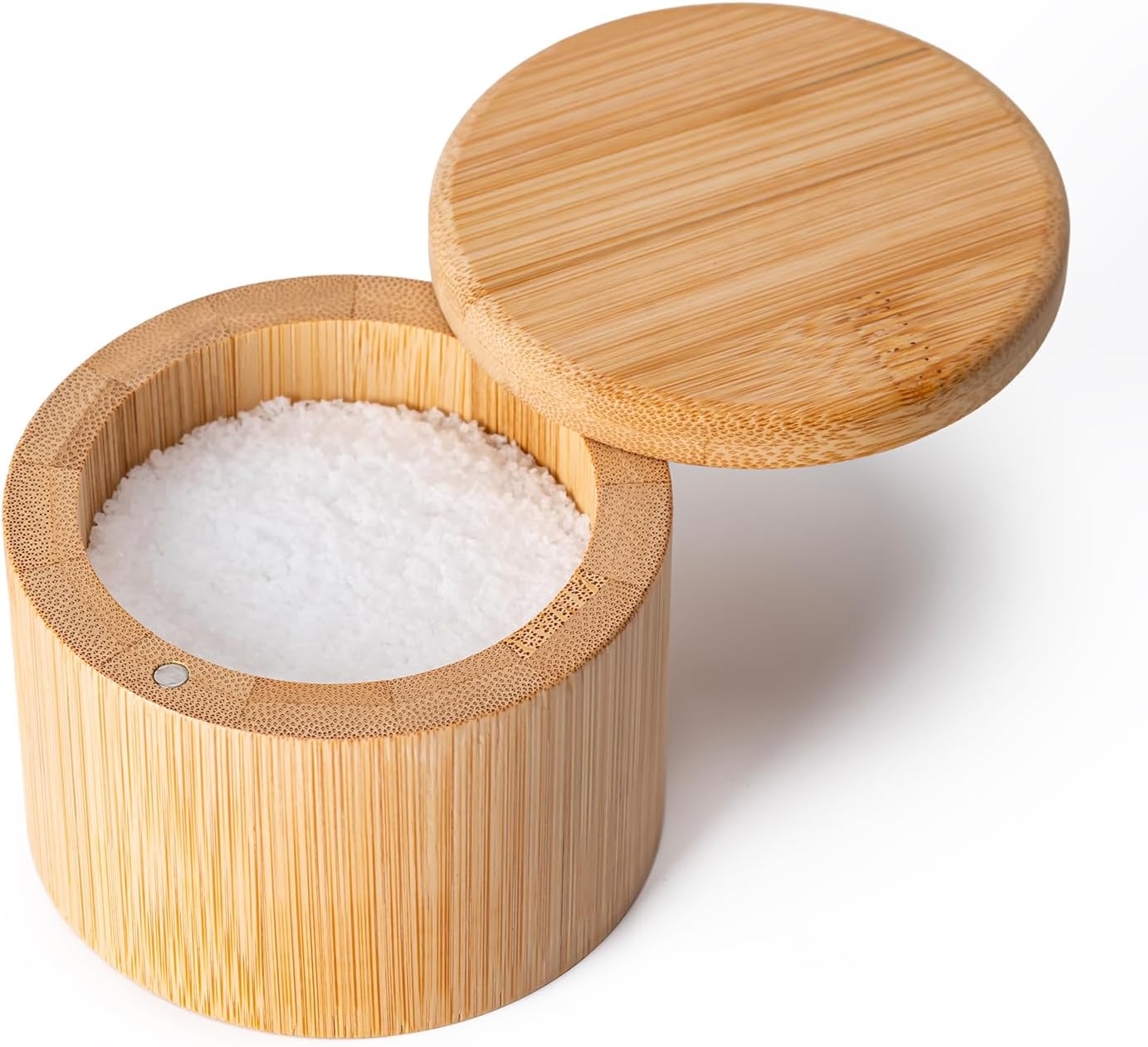 Bamboo Salt Grinder with Magnetic Rotating Lid Round Salt Container for Storing Salt Pepper Sugar and Spices 1 Piece - Image 1