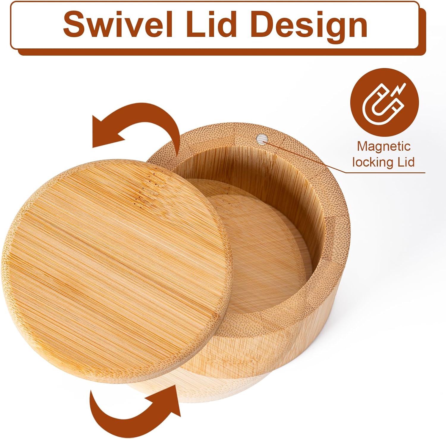 Bamboo Salt Grinder with Magnetic Rotating Lid Round Salt Container for Storing Salt Pepper Sugar and Spices 1 Piece - Image 3