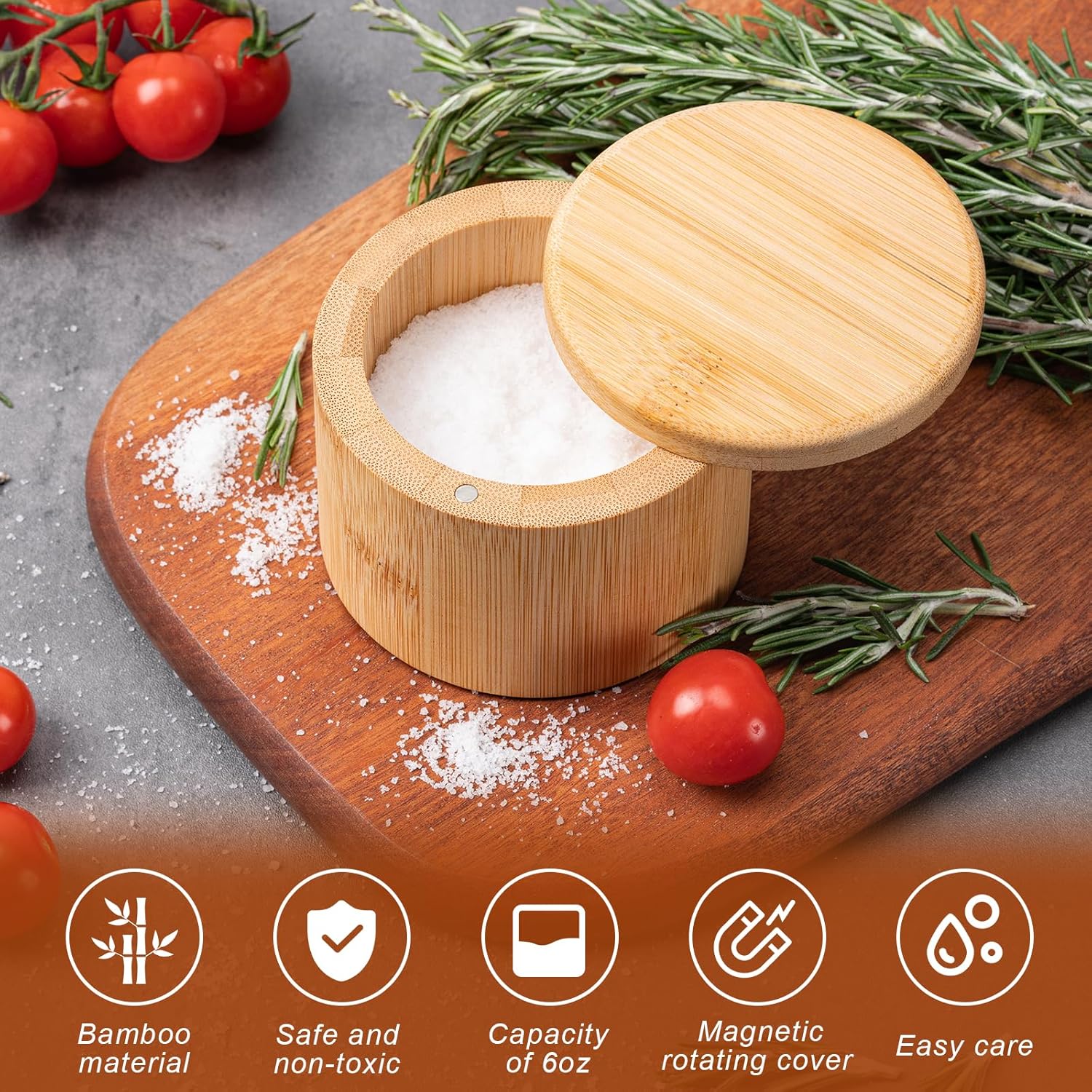 Bamboo Salt Grinder with Magnetic Rotating Lid Round Salt Container for Storing Salt Pepper Sugar and Spices 1 Piece - Image 4