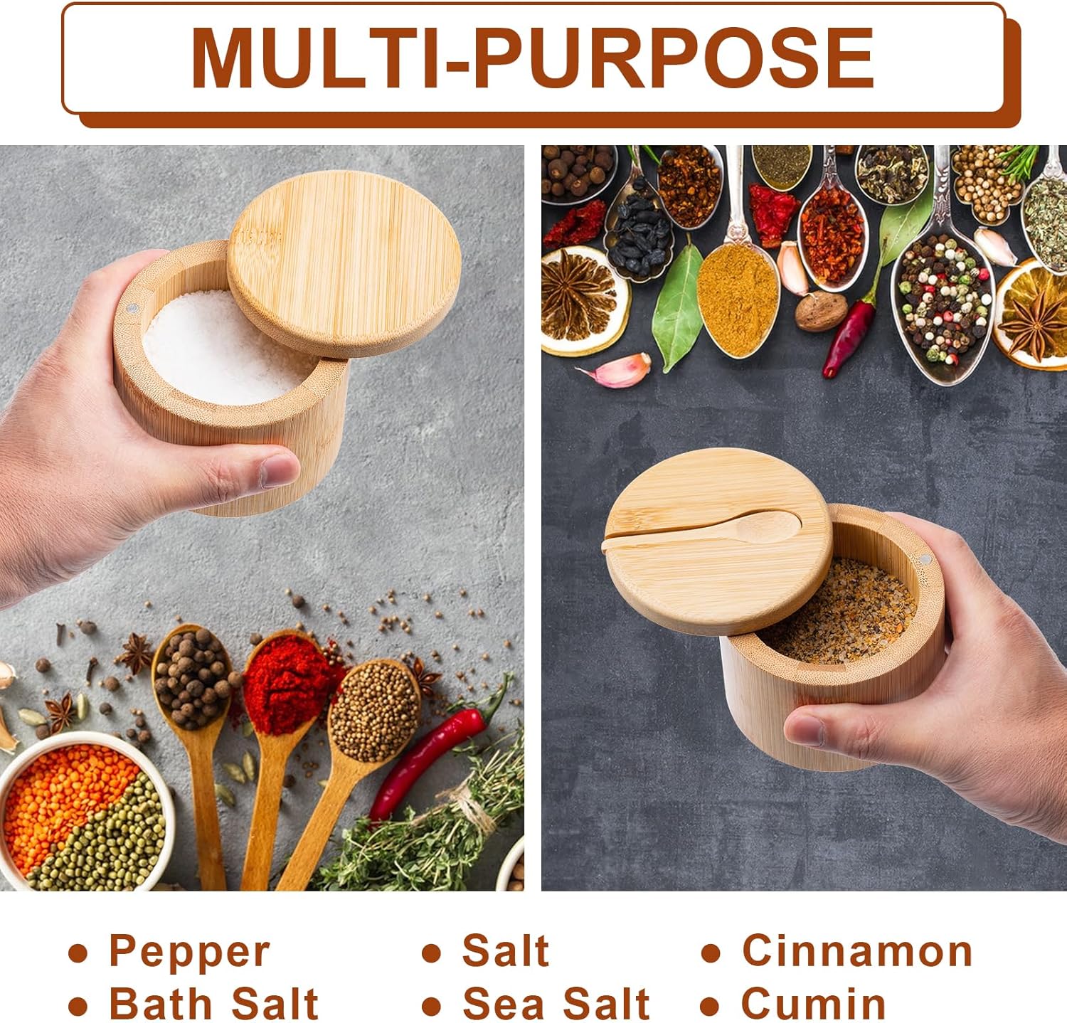 Bamboo Salt Grinder with Magnetic Rotating Lid Round Salt Container for Storing Salt Pepper Sugar and Spices 1 Piece - Image 5