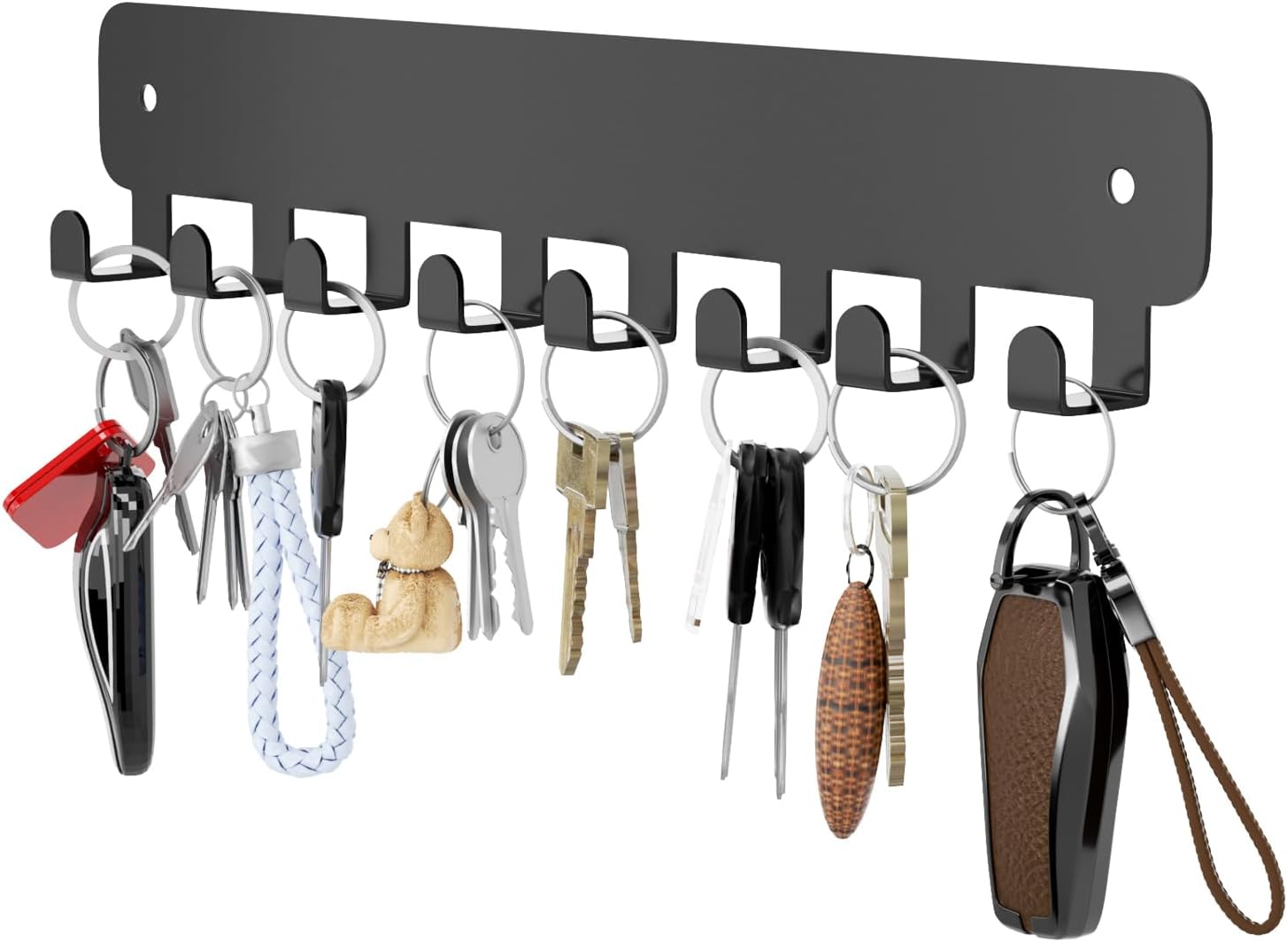 8 Hook Metal Key Rack Black Self-Adhesive or Screw Mount for Kitchen Office Hallway - Image 1