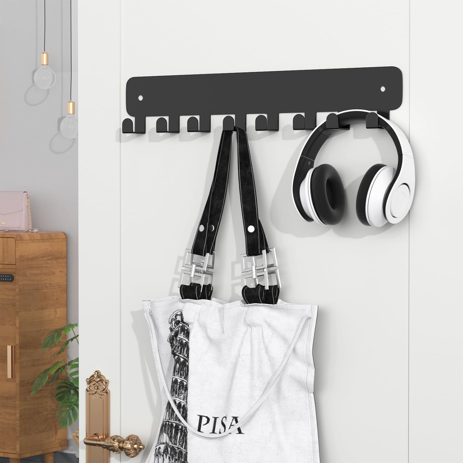 8 Hook Metal Key Rack Black Self-Adhesive or Screw Mount for Kitchen Office Hallway - Image 2