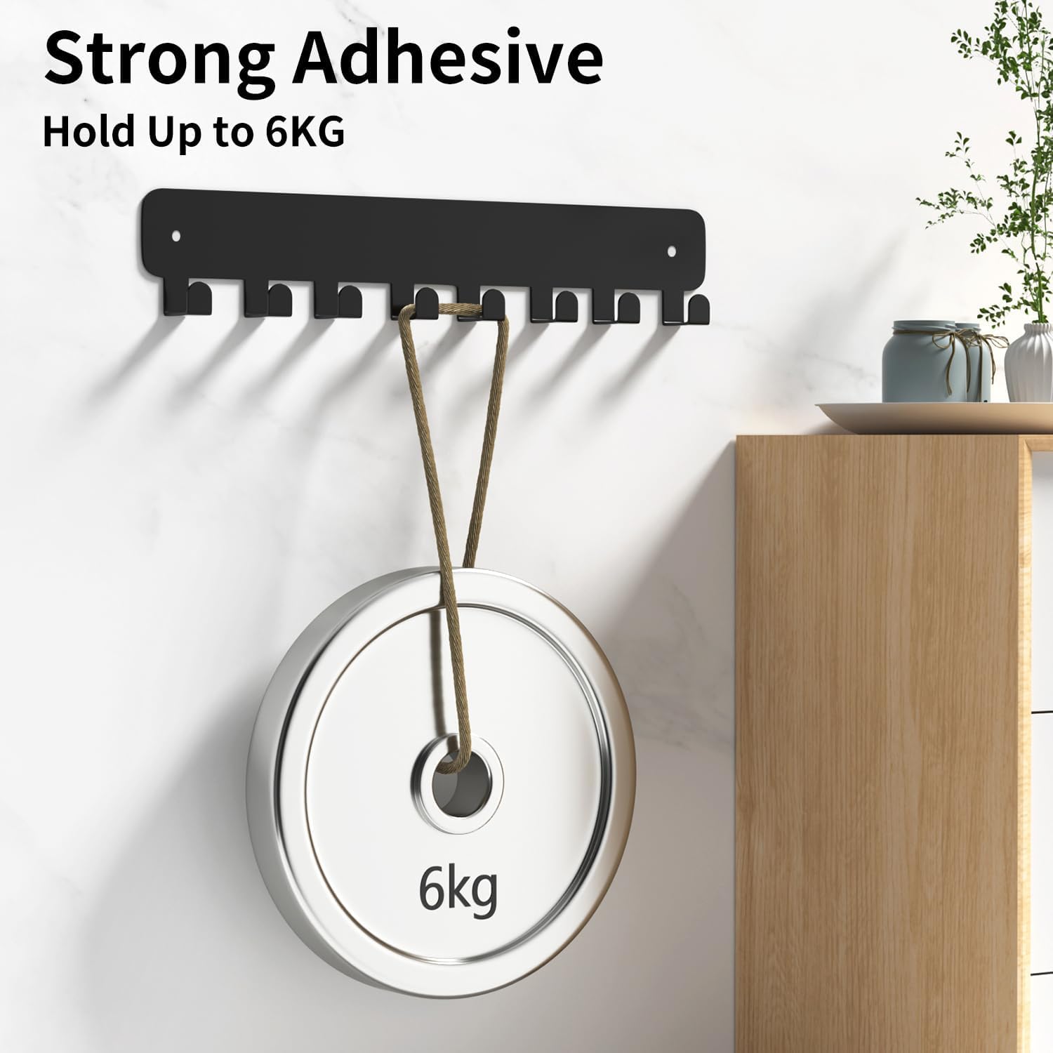 8 Hook Metal Key Rack Black Self-Adhesive or Screw Mount for Kitchen Office Hallway - Image 4