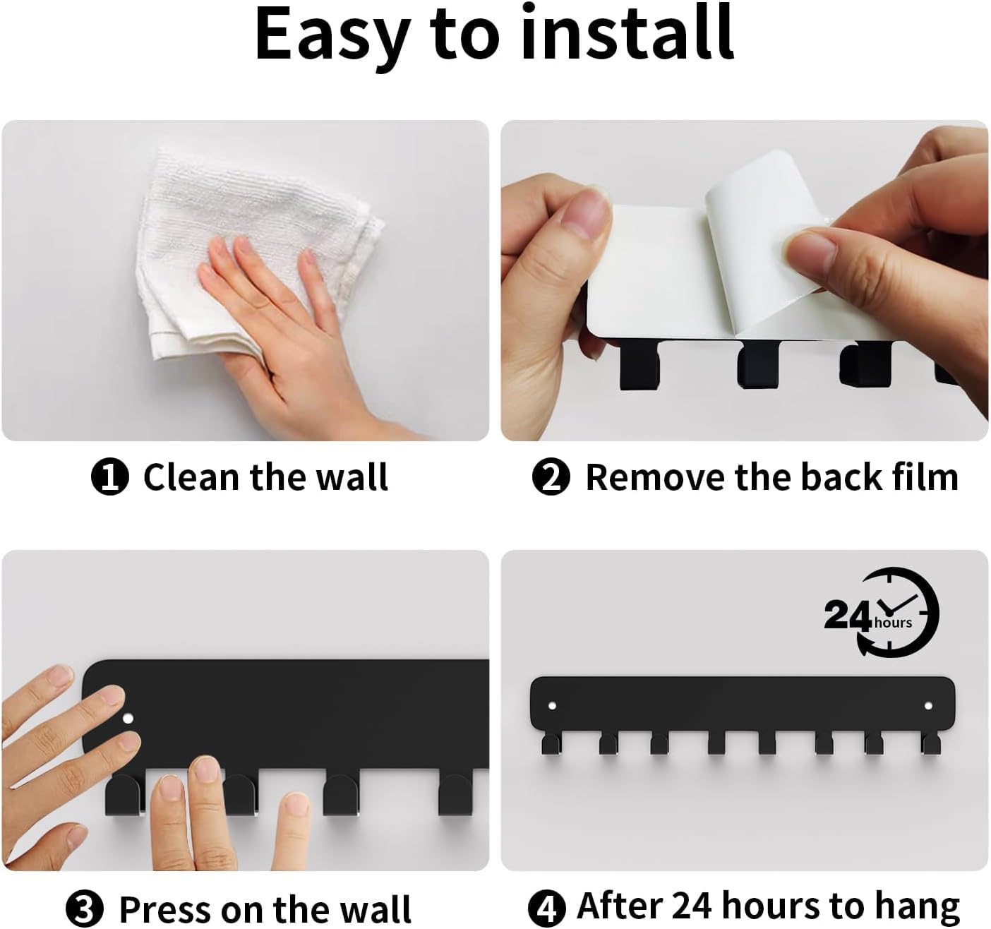 8 Hook Metal Key Rack Black Self-Adhesive or Screw Mount for Kitchen Office Hallway - Image 6