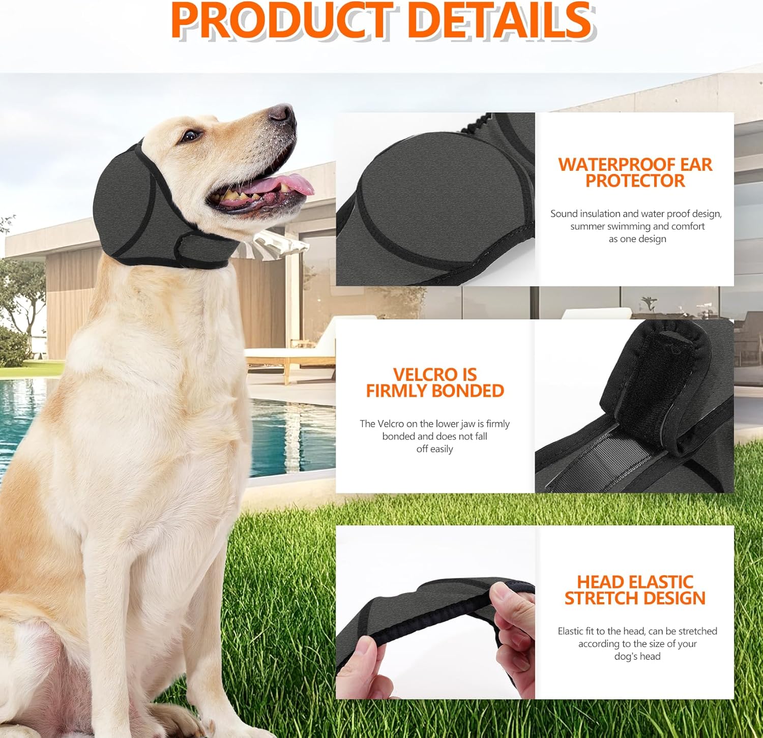 Dog Ear Covers Grey L-Shaped Soundproof No Cap Elastic Waterproof for Hematomas Bathing Drying Swimming Grooming Head Coverage - Image 2