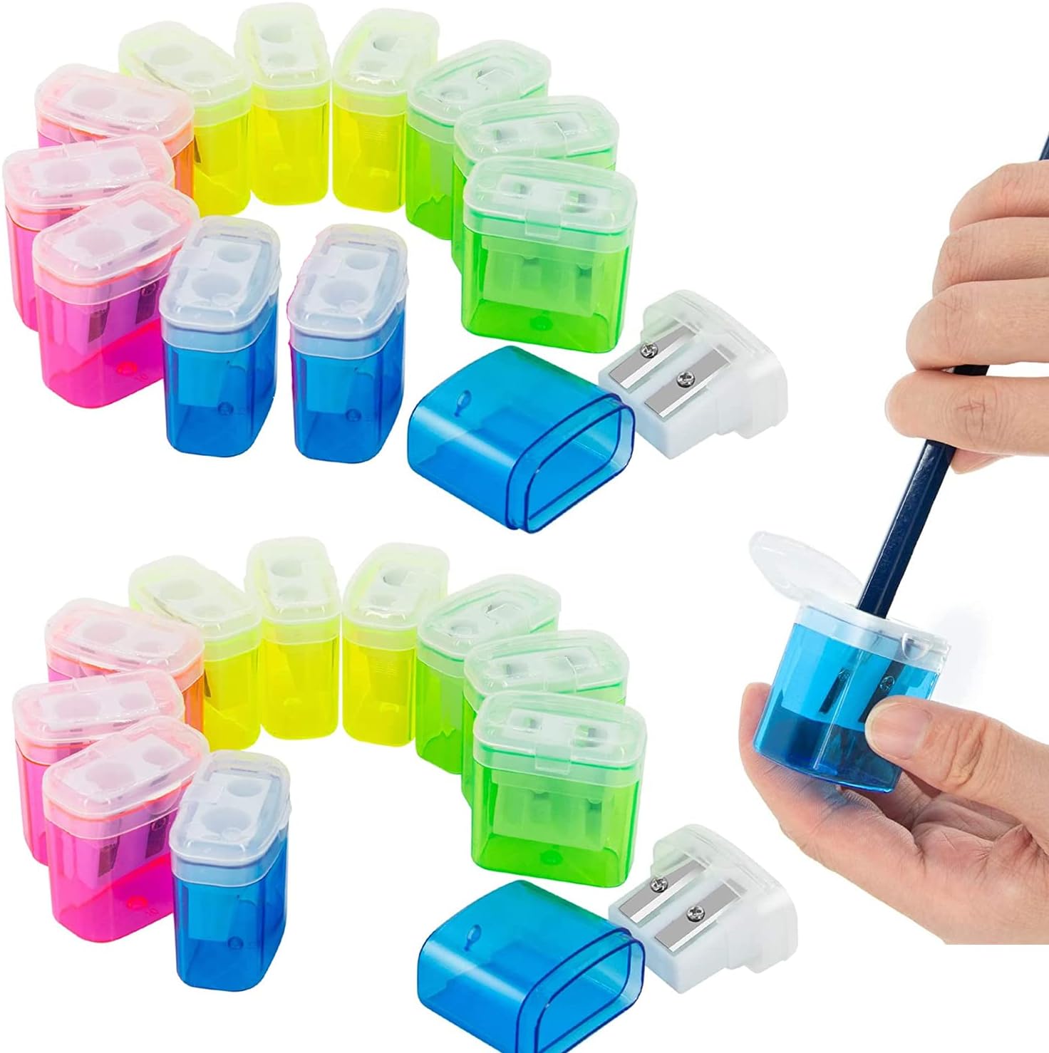 24 Pack Kids Pencil Sharpeners Small Handheld Dual Hole with Lid for Children Students - Image 1