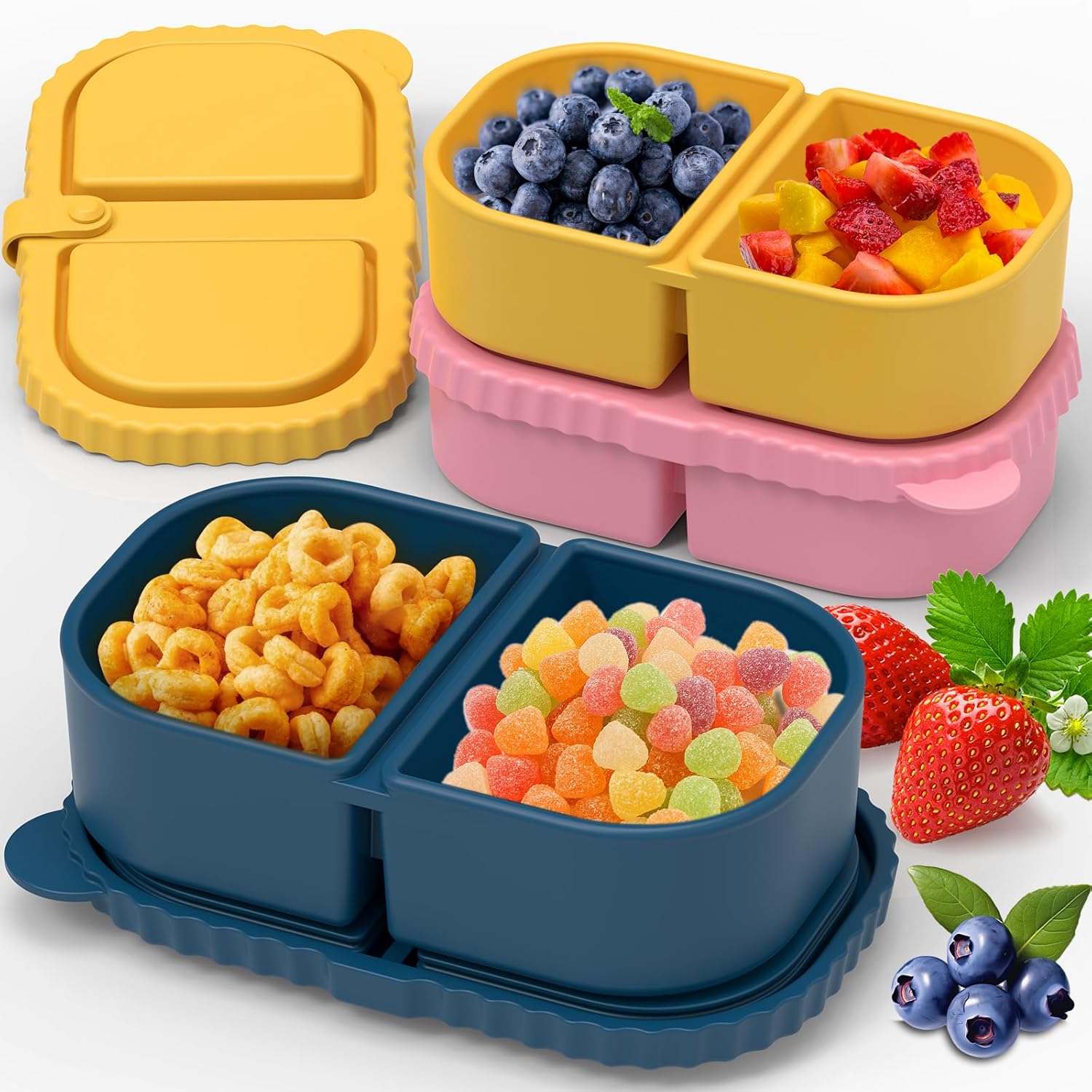 3 Pack Silicone Lunch Boxes Reusable with Lids Mini Double Compartment Portable Food Storage Containers for Picnic School Office - Image 1