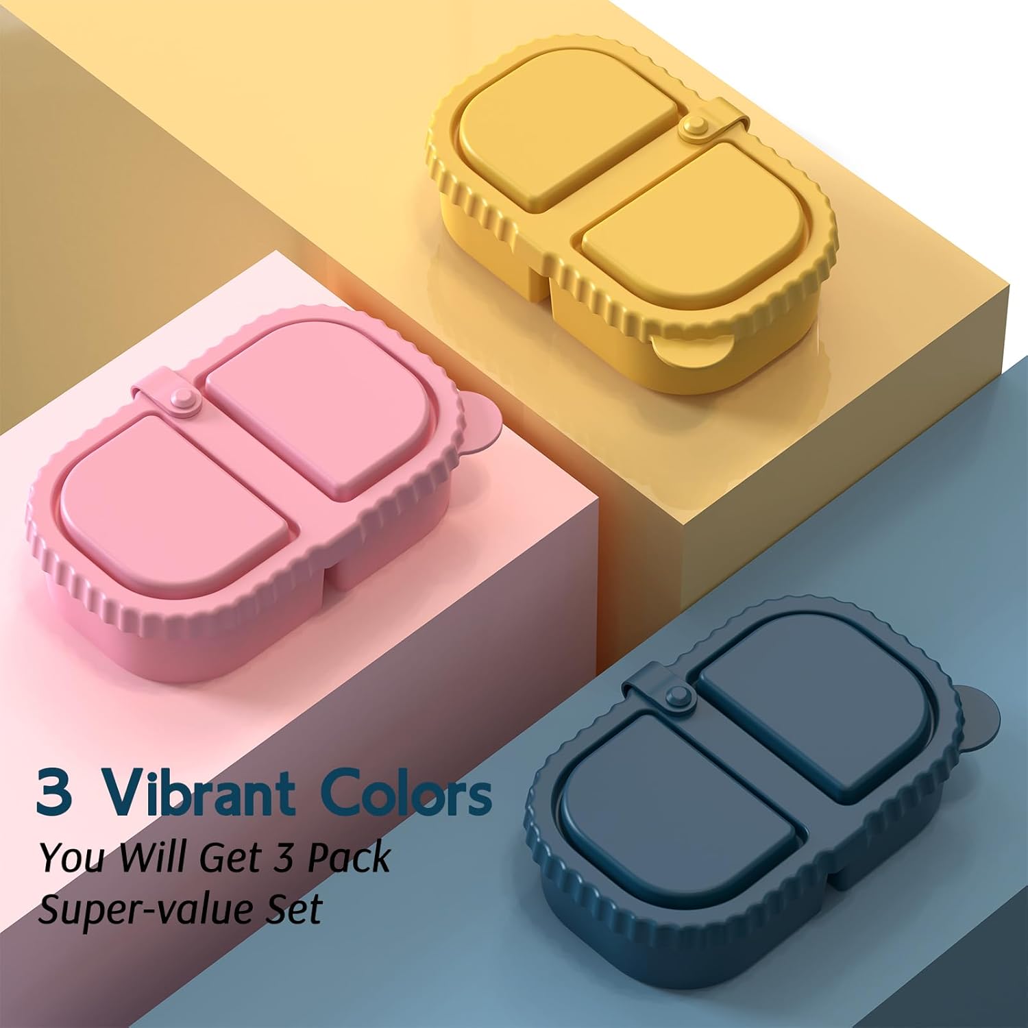 3 Pack Silicone Lunch Boxes Reusable with Lids Mini Double Compartment Portable Food Storage Containers for Picnic School Office - Image 2