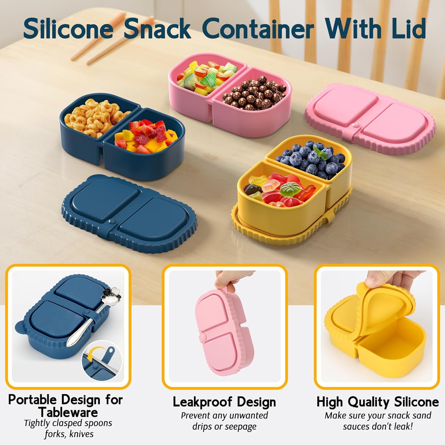 3 Pack Silicone Lunch Boxes Reusable with Lids Mini Double Compartment Portable Food Storage Containers for Picnic School Office - Image 4