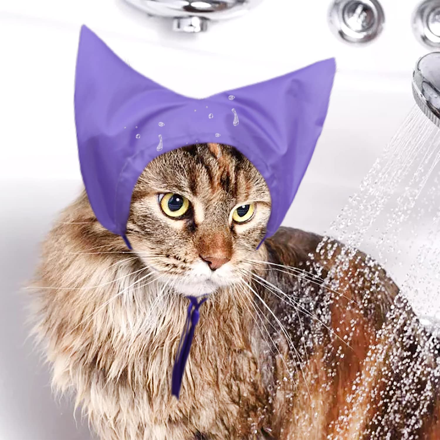 2 Pack Purple Waterproof Cat Shower Caps - Pet Ear Protection Covers for Bathing Rain - Water and Moisture Resistant Cat Ear Caps - Image 4