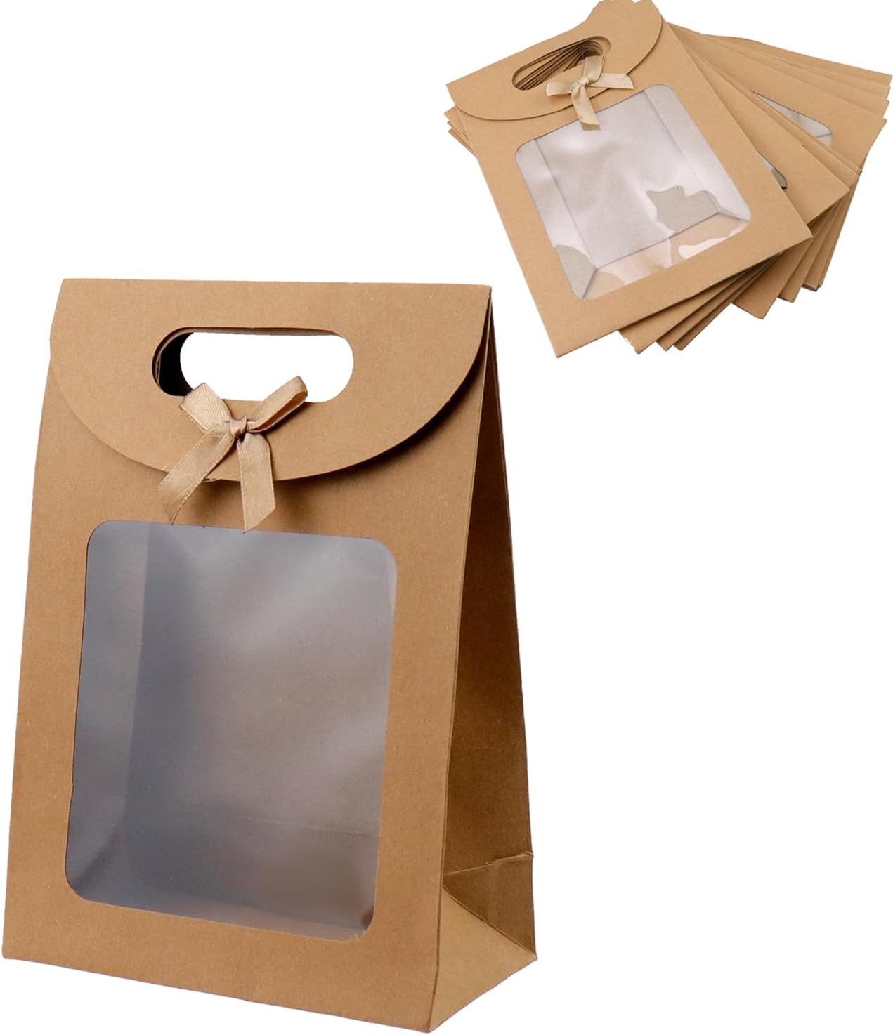 Brown Kraft Paper Gift Bags with Window and Handles 12 Pack Stand Up for Candy Cookies Weddings Parties - Image 1