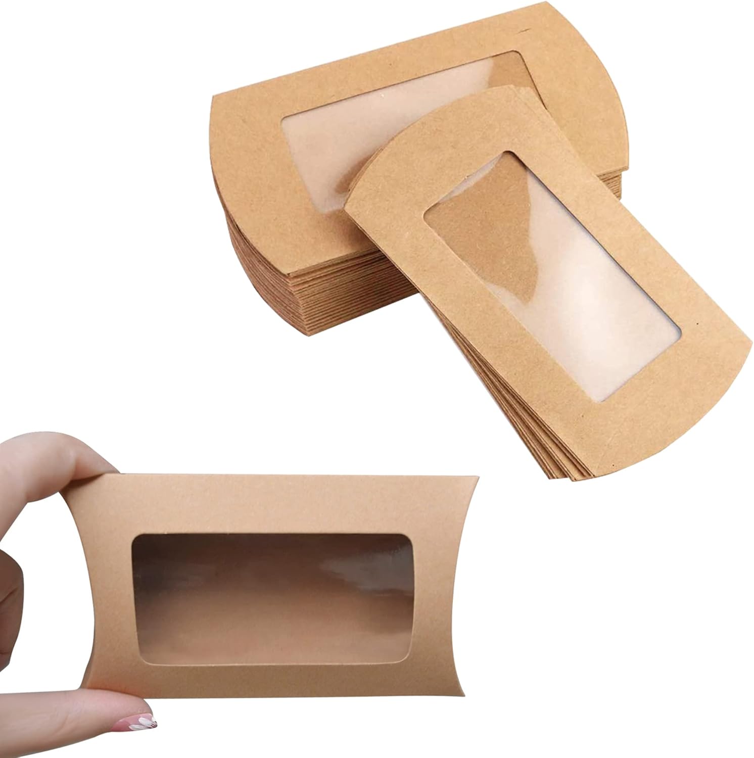 40 Pack Brown Kraft Paper Pillow Boxes with Clear Window for Cookies Candy Chocolate Jewelry Weddings Party Favors Gift Packaging - Image 1