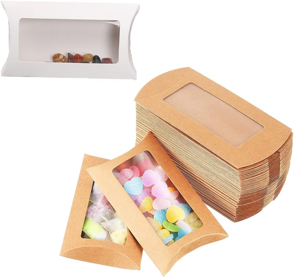 40 Pack Brown Kraft Paper Pillow Boxes with Clear Window for Cookies Candy Chocolate Jewelry Weddings Party Favors Gift Packaging - Image 4