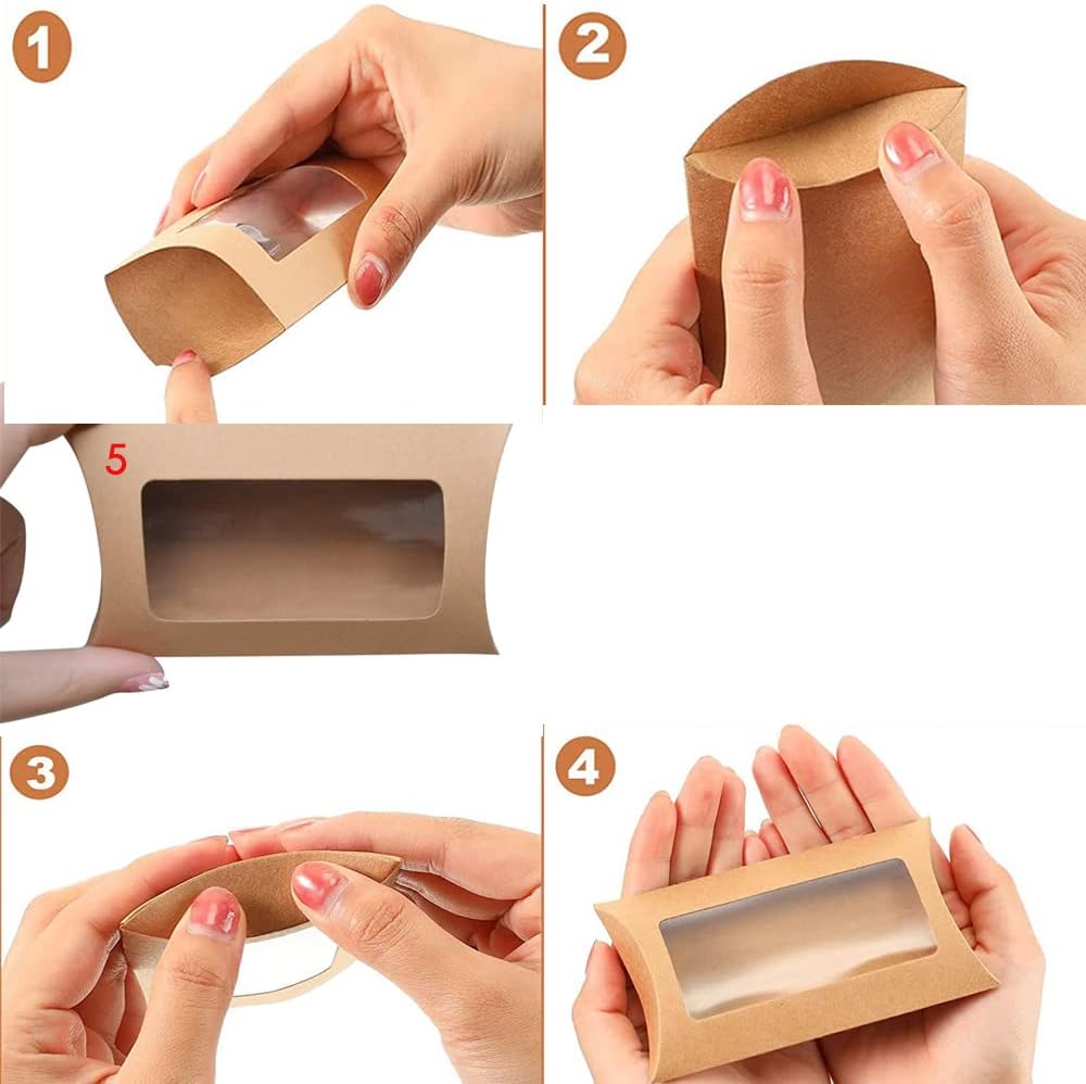 40 Pack Brown Kraft Paper Pillow Boxes with Clear Window for Cookies Candy Chocolate Jewelry Weddings Party Favors Gift Packaging - Image 5