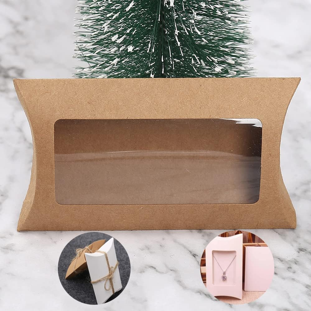40 Pack Brown Kraft Paper Pillow Boxes with Clear Window for Cookies Candy Chocolate Jewelry Weddings Party Favors Gift Packaging - Image 6