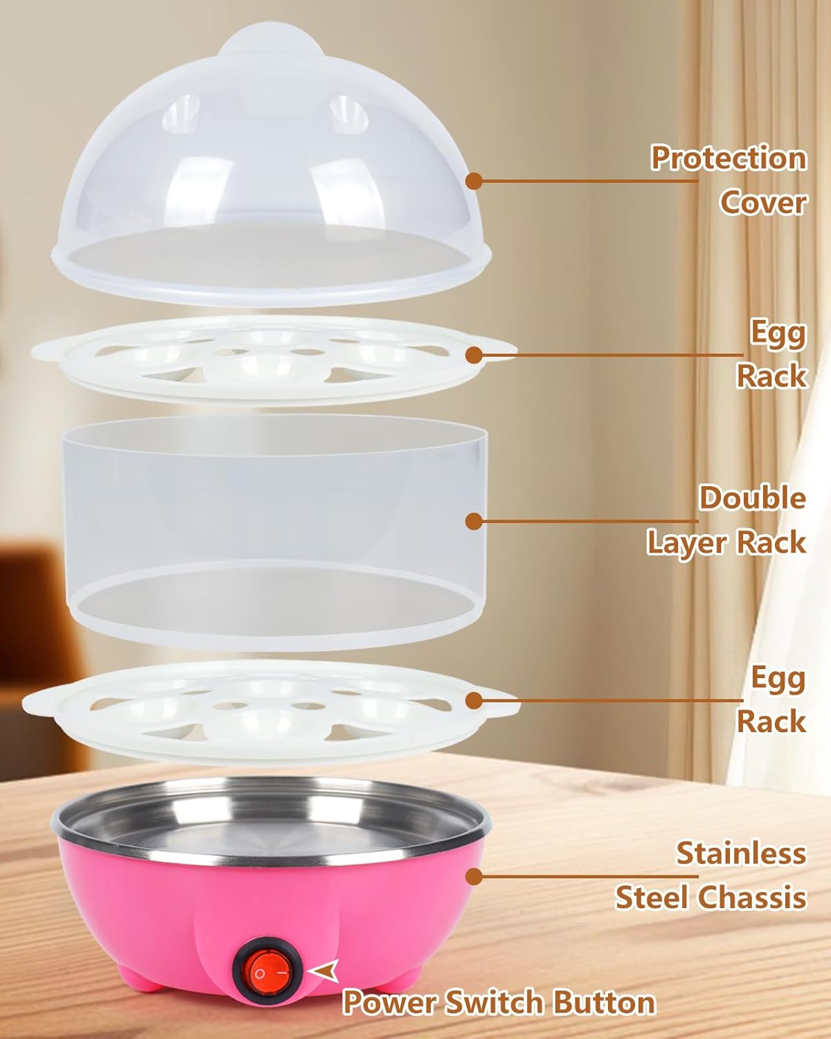 Electric Egg Cooker Steamer with Timer Auto Shut-Off 14 Egg Capacity 350W Double Layer Multifunctional for Milk Food Heating Pink - Image 2