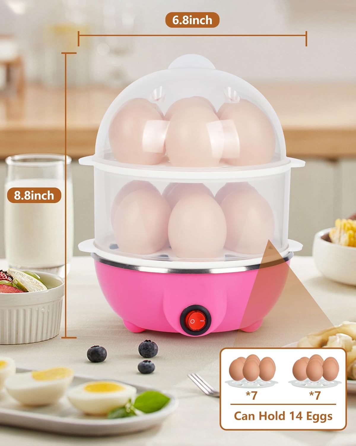 Electric Egg Cooker Steamer with Timer Auto Shut-Off 14 Egg Capacity 350W Double Layer Multifunctional for Milk Food Heating Pink - Image 3