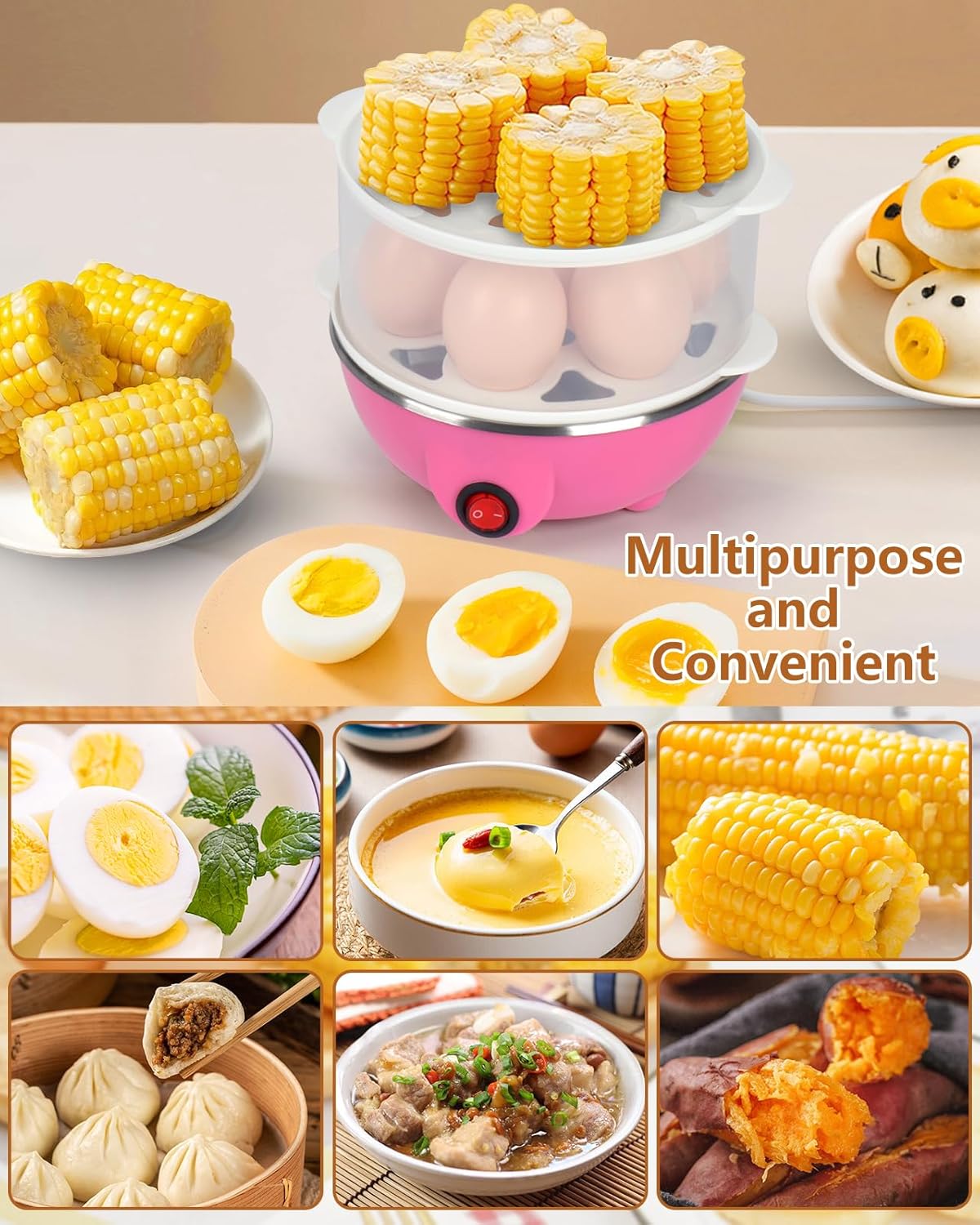 Electric Egg Cooker 14 Egg Capacity Double Layer with Timer Automatic Shut-Off 350W Multifunctional for Steaming Eggs Heating Milk Food Yellow - Image 4