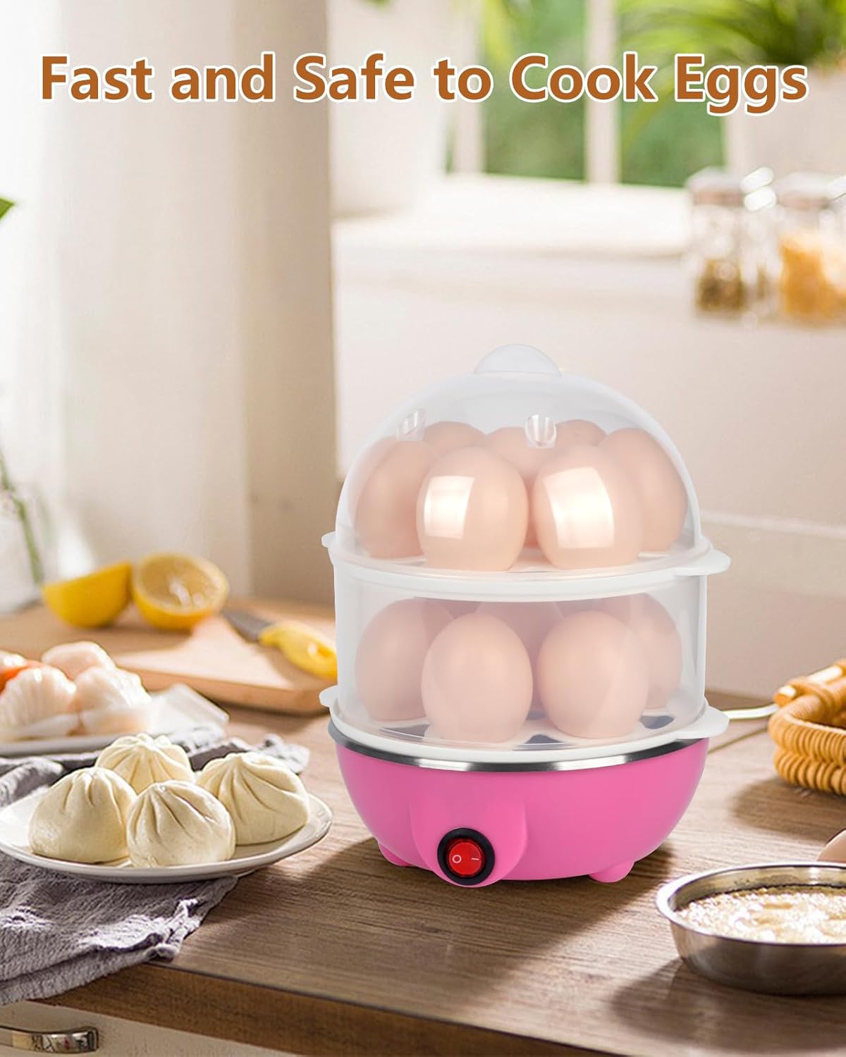 Electric Egg Cooker 14 Egg Capacity Double Layer with Timer Automatic Shut-Off 350W Multifunctional for Steaming Eggs Heating Milk Food Yellow - Image 6