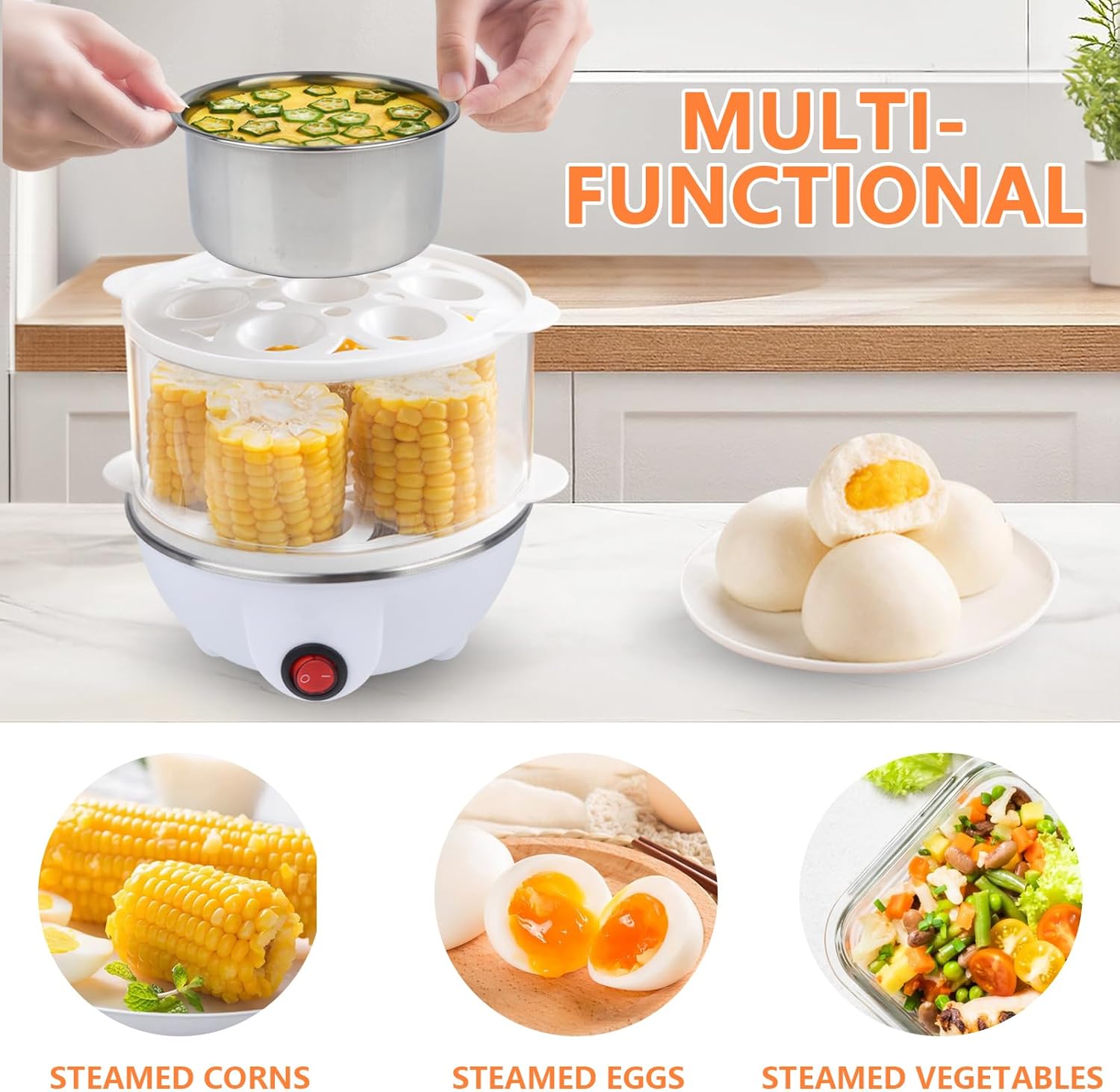 Electric Egg Cooker 14 Egg Capacity Double Layer with Auto Shut-Off Timer 350W Multifunctional for Steaming Eggs Heating Milk Food White - Image 8