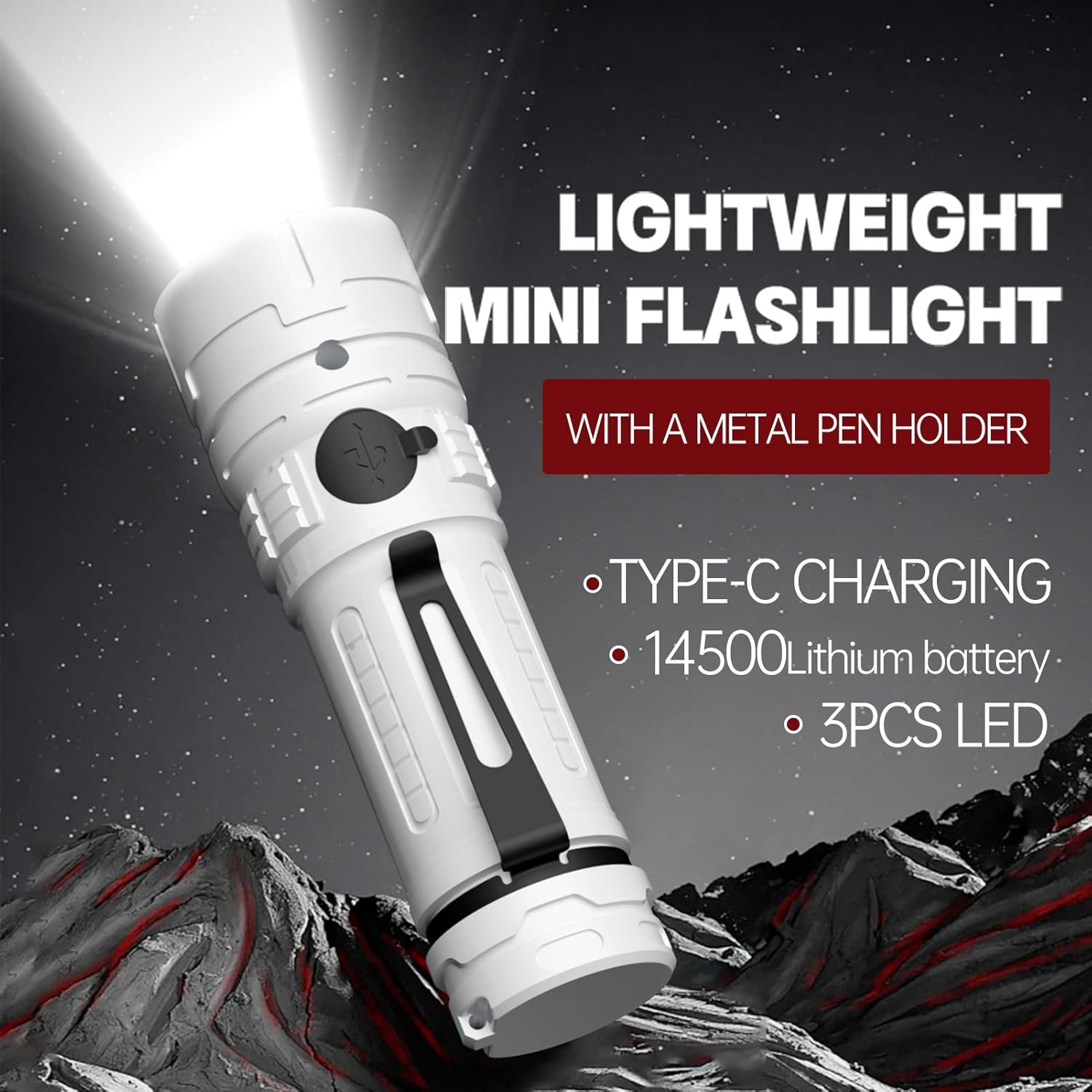 Rechargeable LED Torch - White - 1 Piece - Lightweight Portable Flashlight for Camping Backpacking Hiking - Image 7